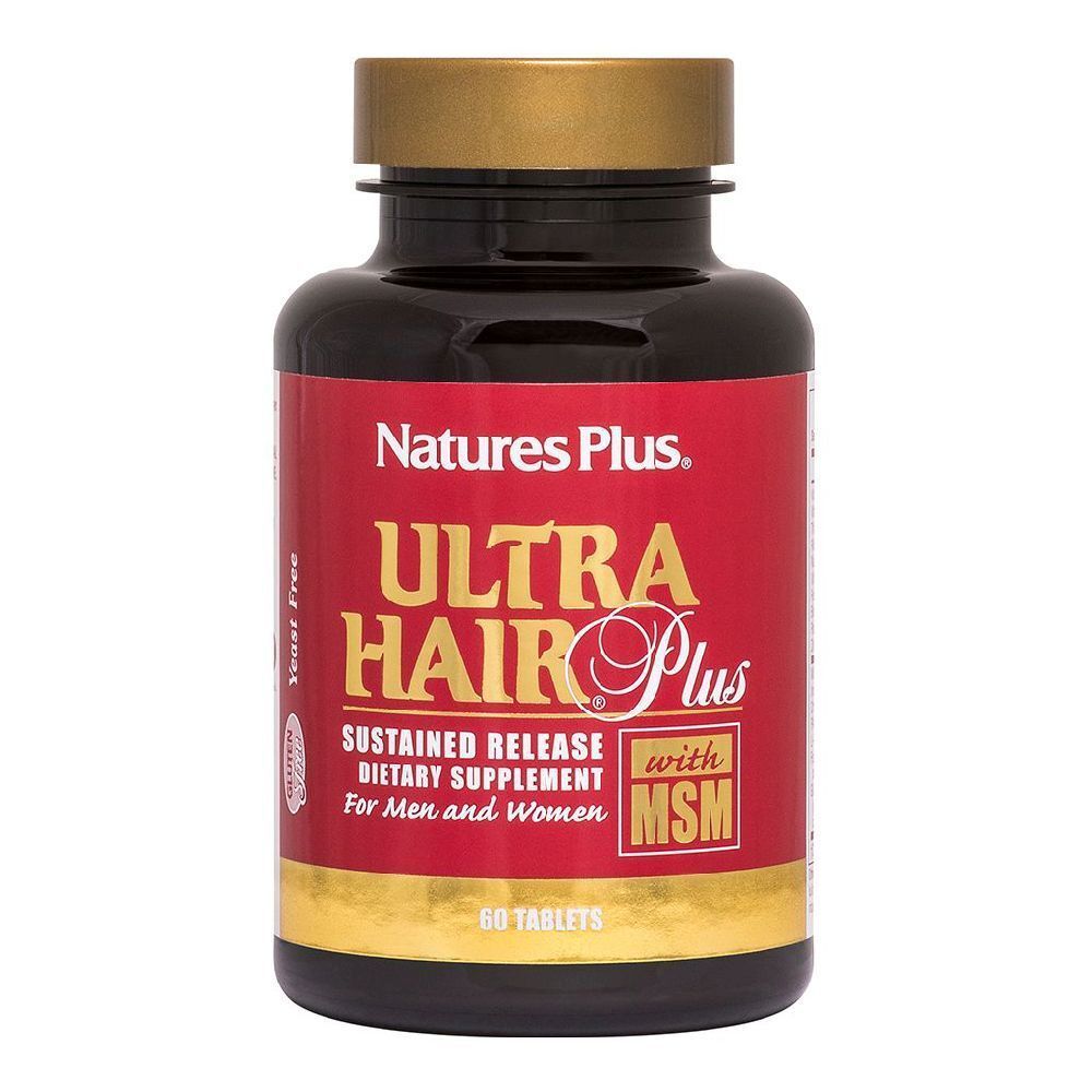 Flacone marrone con etichetta rossa. Scritta: Ultra Hair Plus, 60 compresse. Con MSM. Per uomini e donne.