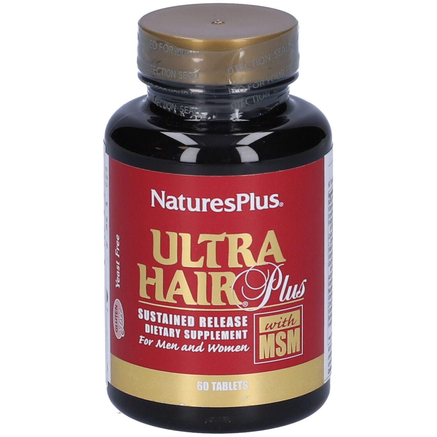 Flacone marrone con etichetta rossa. Scritta: Ultra Hair Plus, 60 compresse. Con MSM. Per uomini e donne.