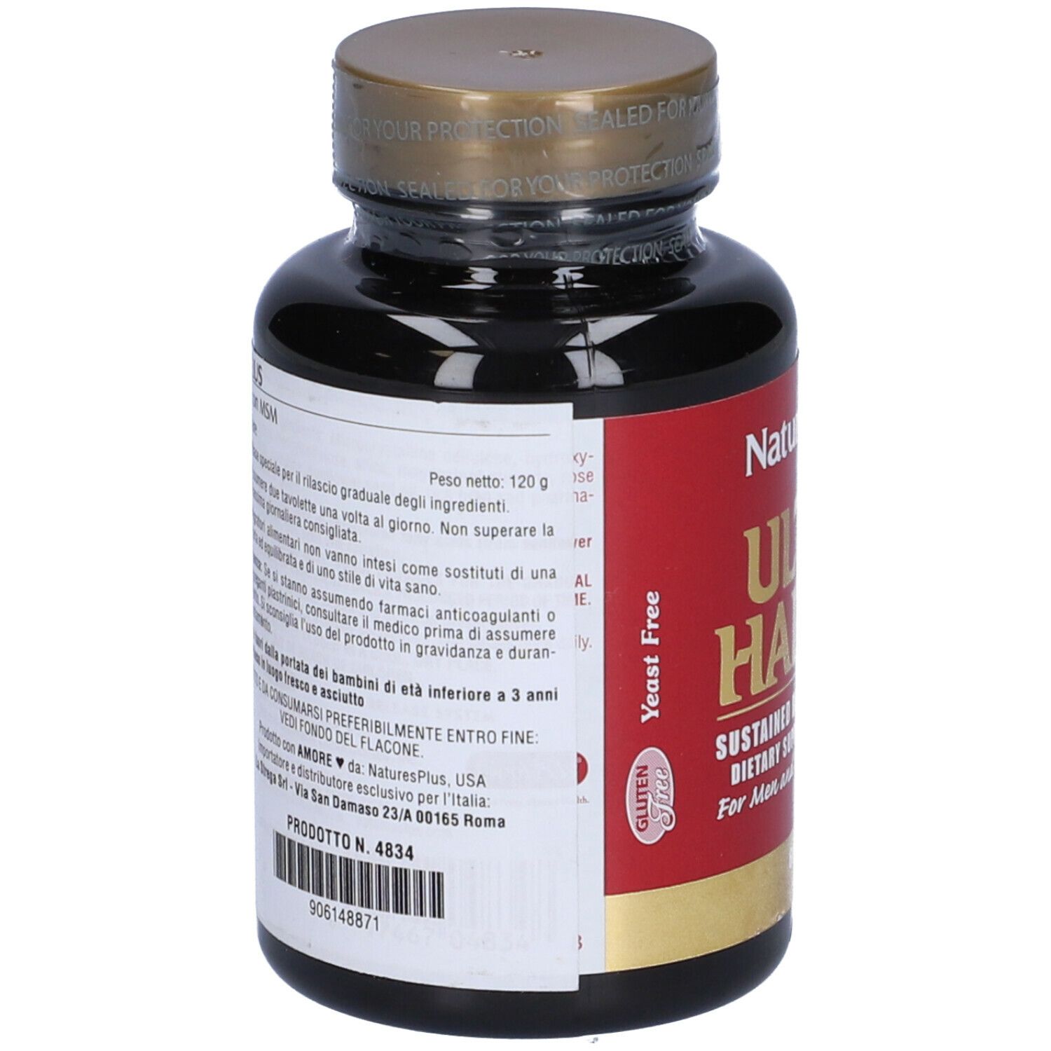 Flacone marrone, retro con testo. Scritta: Ultra Hair Plus. Senza glutine. Con MSM. Per uomini e donne. 120 g.