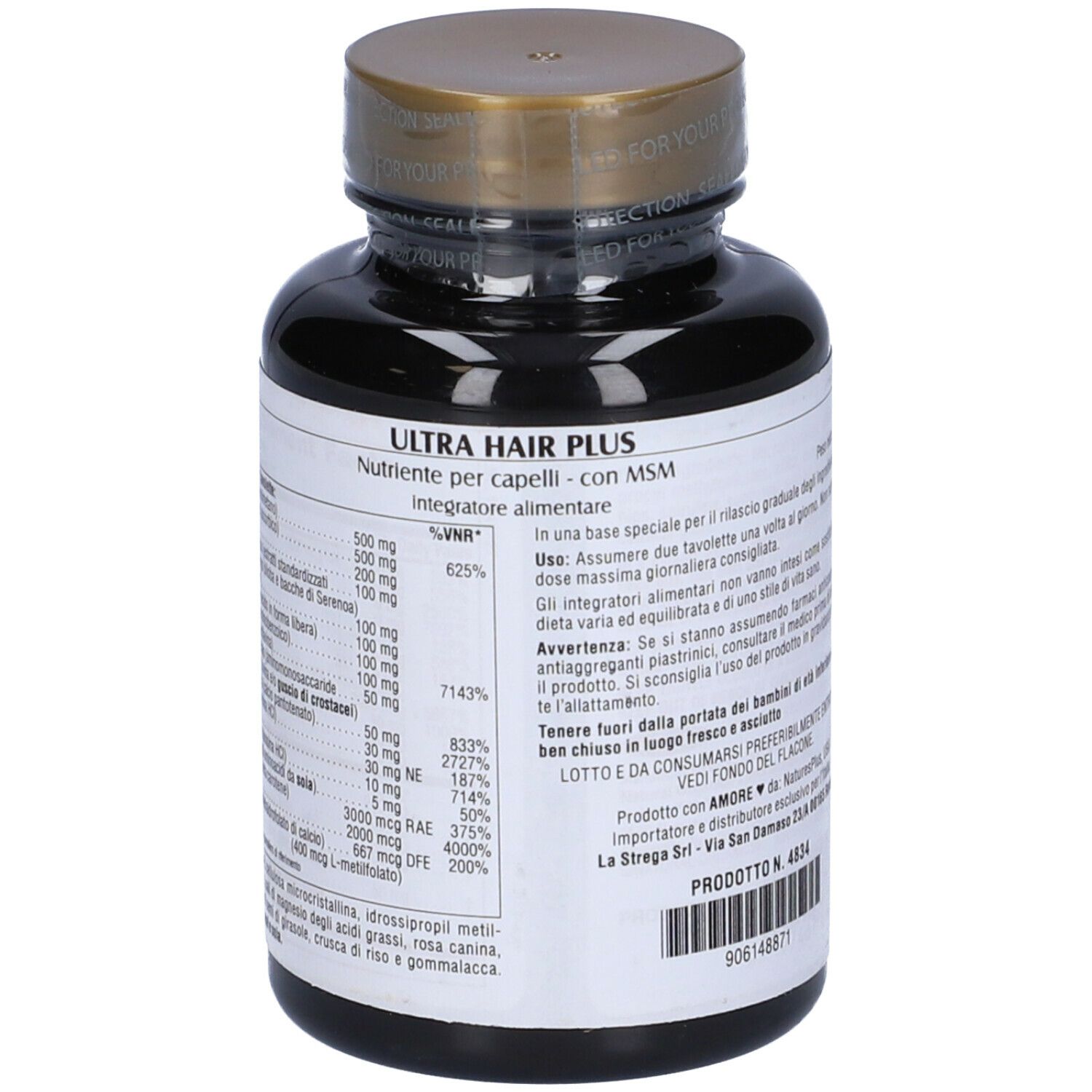 Flacone marrone, retro con testo. Scritta: Ultra Hair Plus. Ingredienti. Con MSM. Per uomini e donne.