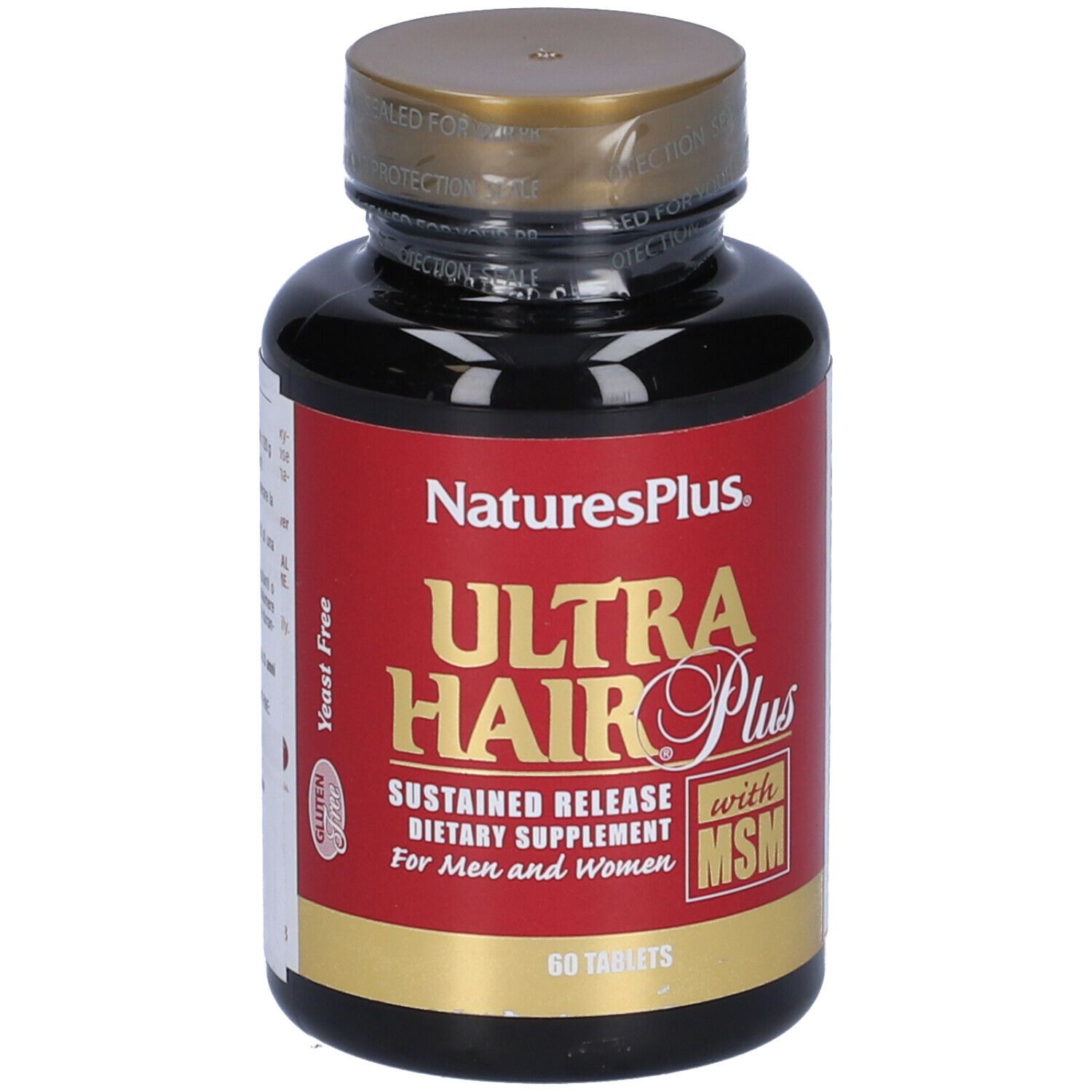 Flacone marrone con etichetta rossa. Scritta: Ultra Hair Plus, 60 compresse. Con MSM. Per uomini e donne.