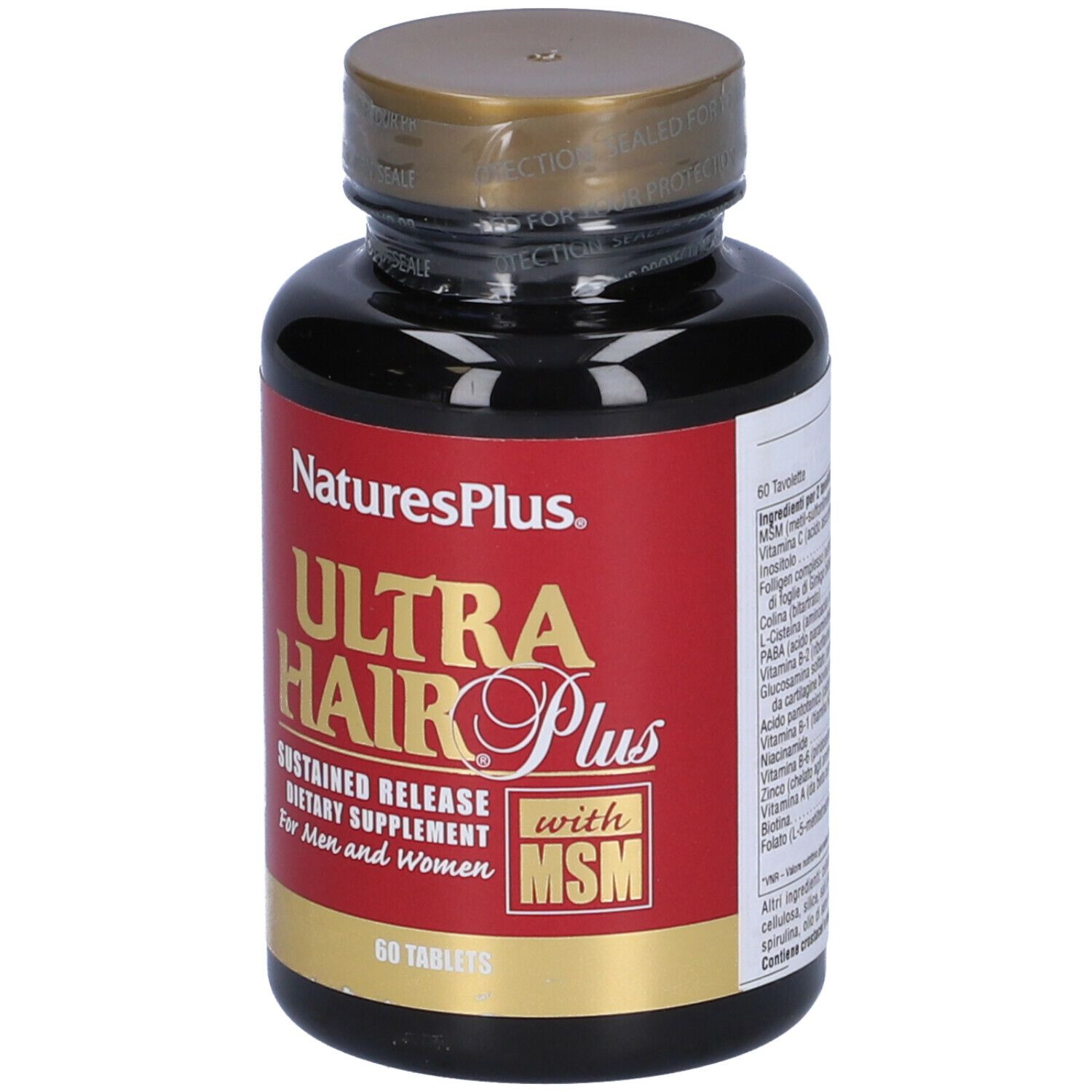 Flacone marrone con etichetta rossa. Scritta: Ultra Hair Plus, 60 compresse. Con MSM. Per uomini e donne.