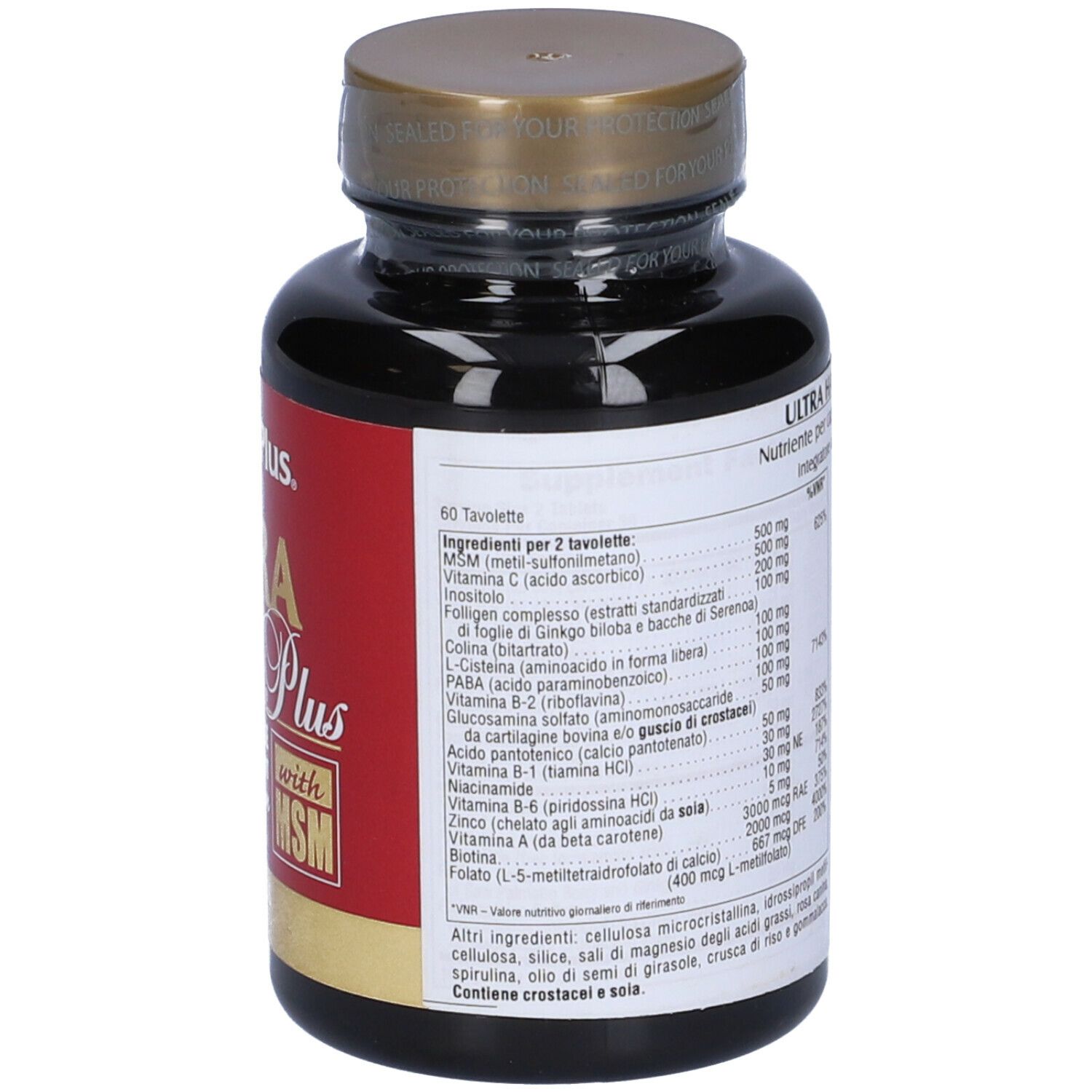 Flacone marrone, retro con testo. Scritta: Ultra Hair Plus. Ingredienti. Con MSM. Per uomini e donne.