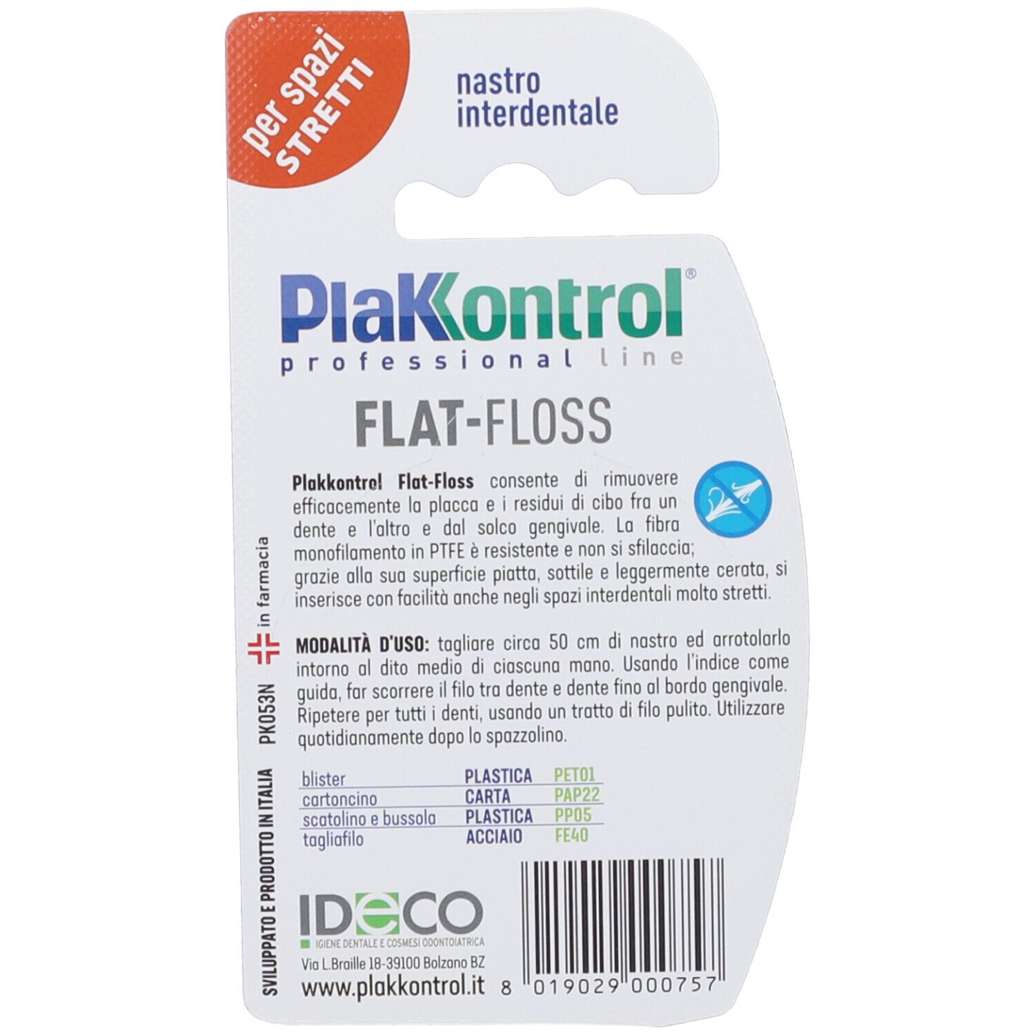 PlaKontrol Professional Line Flat-Floss Zahnseide-Verpackung mit Produktinformationen und Barcode.