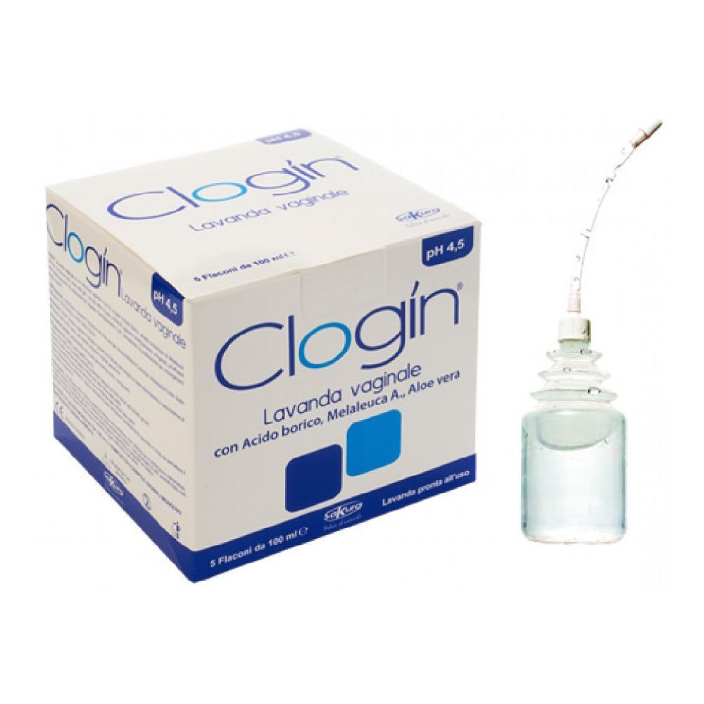 Clogin® Lavanda vaginale. Scatola con flaconi e applicatore. Scritta: pH 4,5.