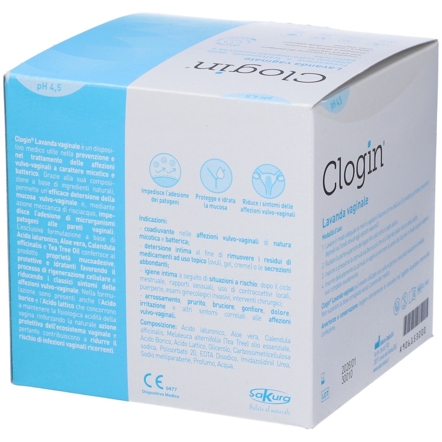 Clogin® Lavanda vaginale. Scatola con informazioni e logo. Scritta: pH 4,5.