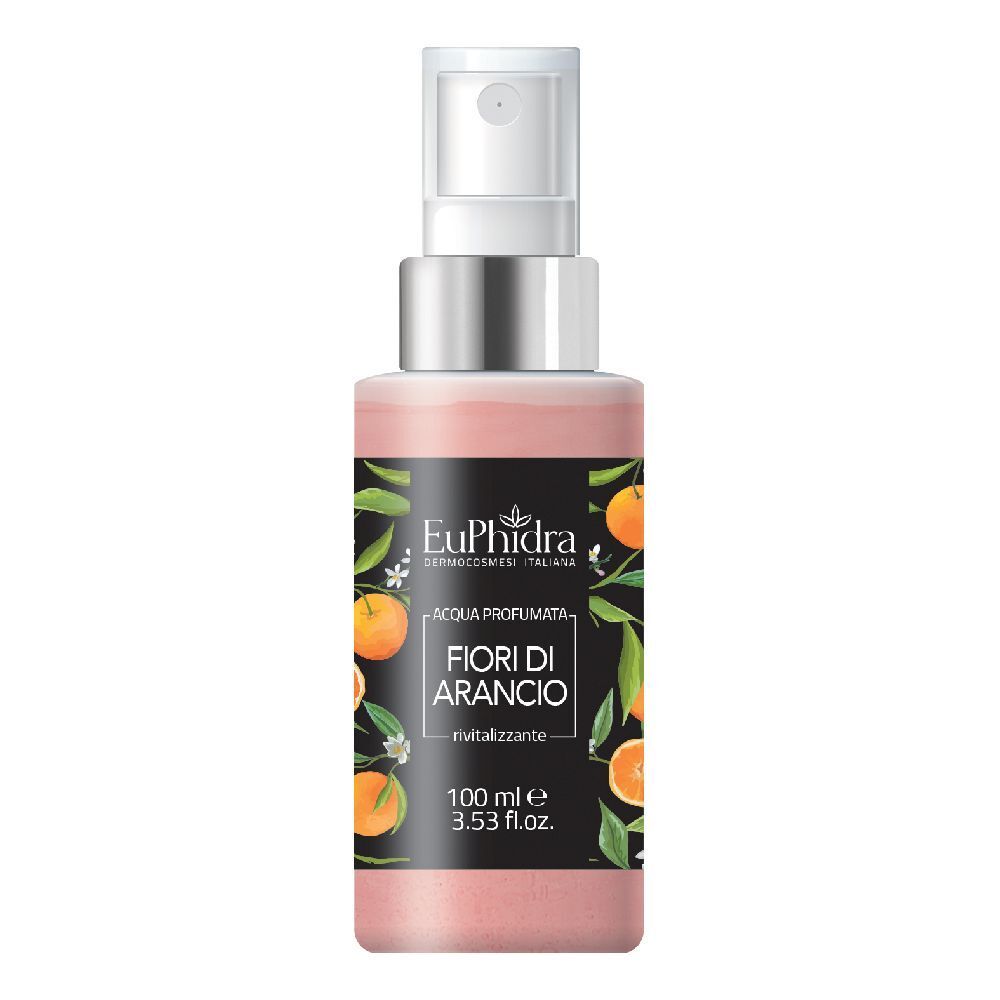 Flacone con vaporizzatore. Etichetta con motivo arancia e scritta 'Fiori di Arancio'.