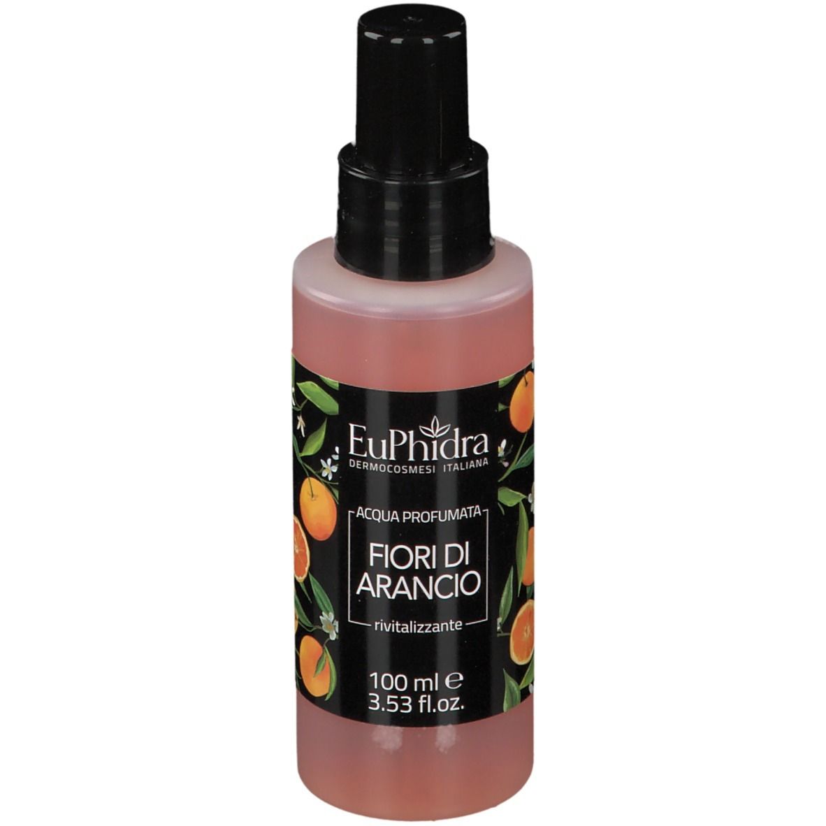 Flacone cilindrico con vaporizzatore nero. Etichetta con motivo arancia e testo 'Fiori di Arancio'.