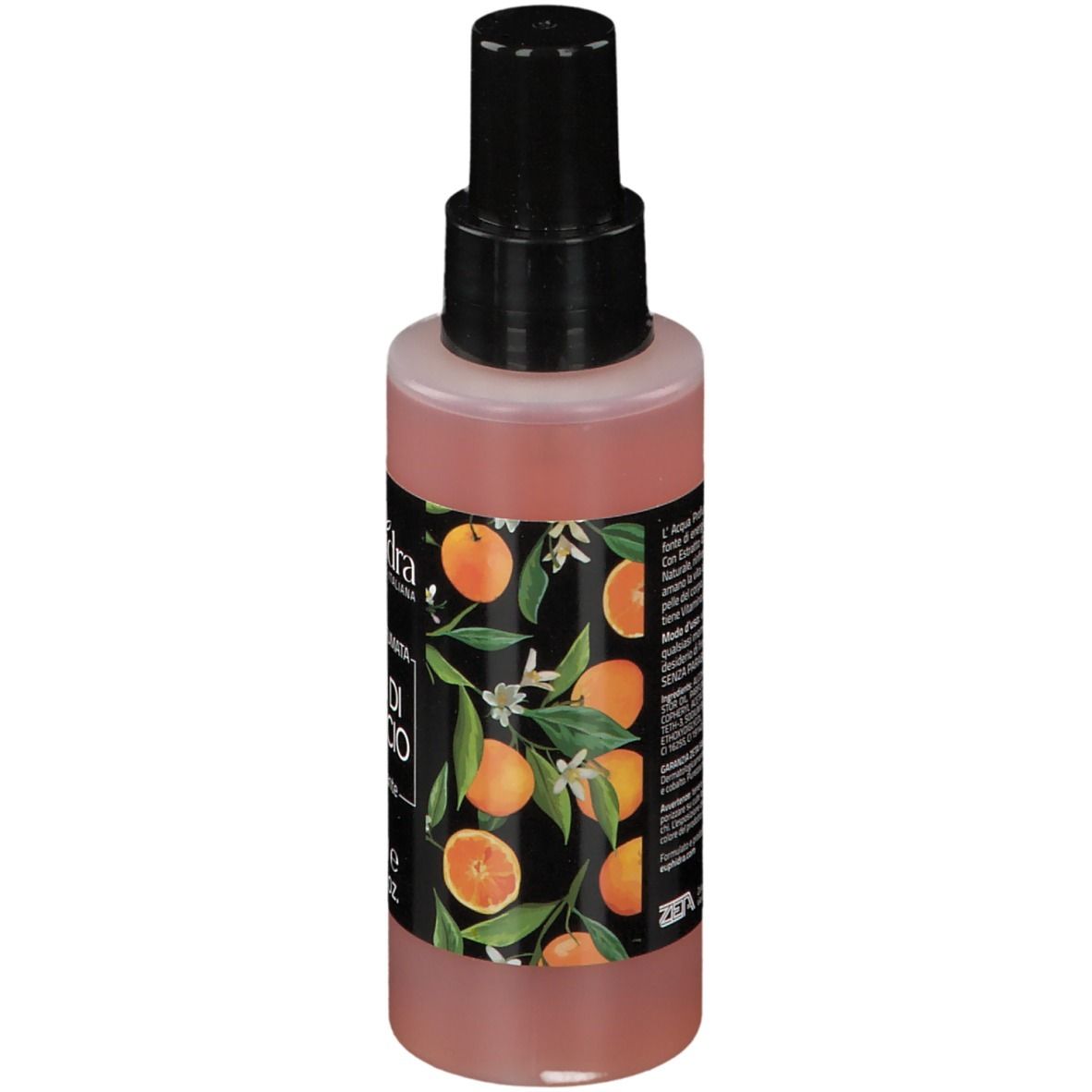 Flacone cilindrico con vaporizzatore nero. Etichetta con motivo arancia e testo 'Fiori di Arancio'.