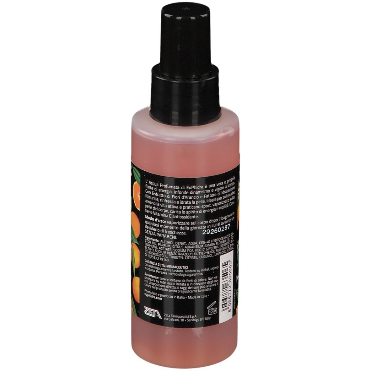 Flacone cilindrico con vaporizzatore nero. Etichetta con motivo arancia e testo 'Fiori di Arancio'.