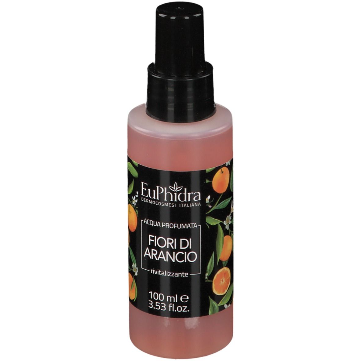 Flacone cilindrico con vaporizzatore nero. Etichetta con motivo arancia e testo 'Fiori di Arancio'.