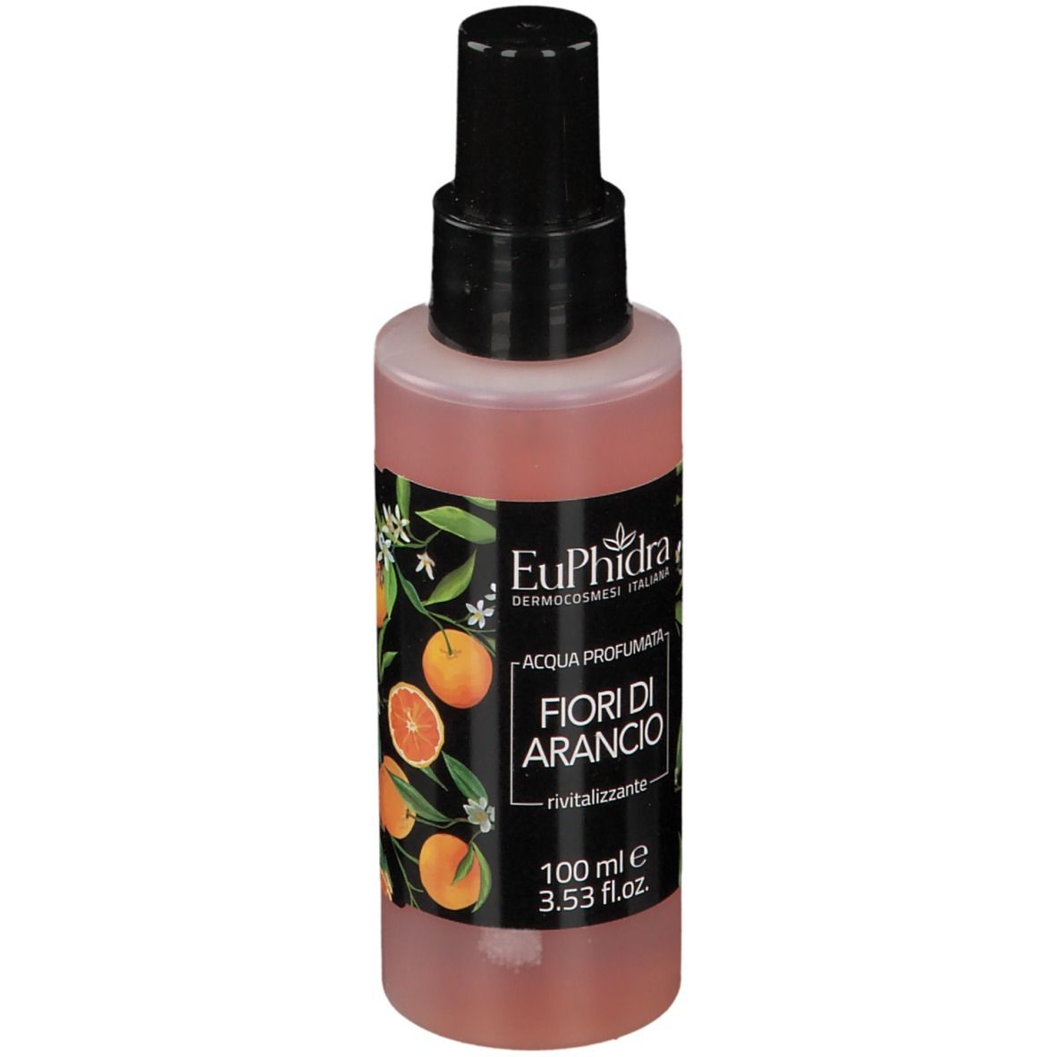 Flacone cilindrico con vaporizzatore nero. Etichetta con motivo arancia e testo 'Fiori di Arancio'.