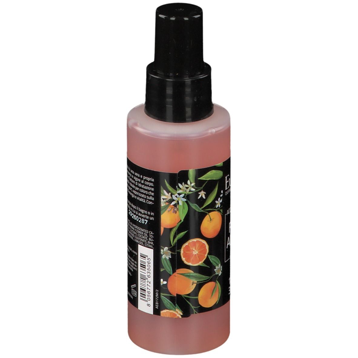 Flacone cilindrico con vaporizzatore nero. Etichetta con motivo arancia e testo 'Fiori di Arancio'.