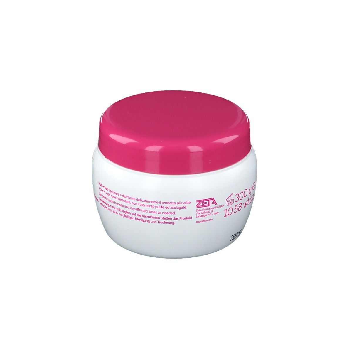 Vaso di crema bianco con coperchio rosa. Scritta: La Pasta Hoffmann. Testo e 300g sul retro. Design rotondo.