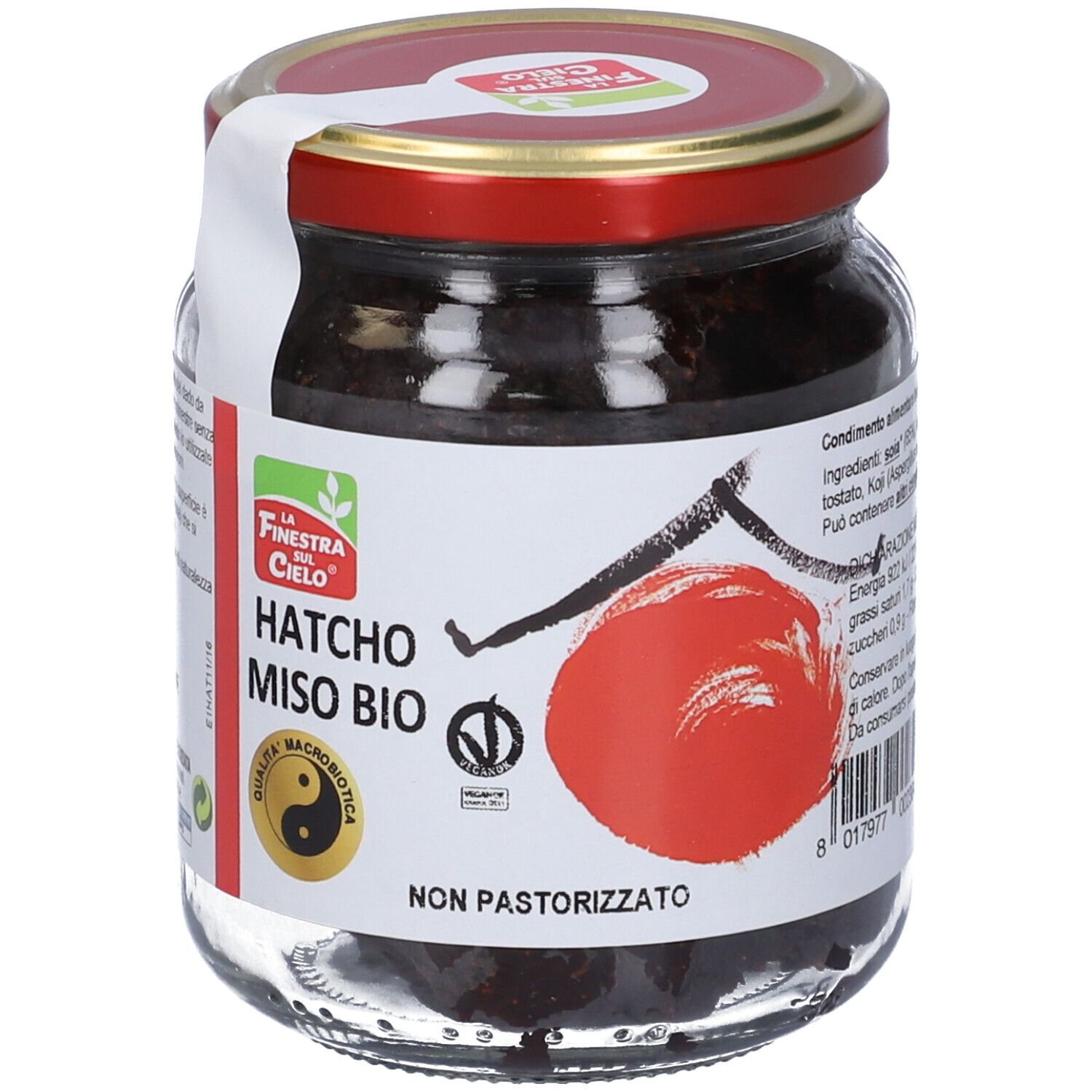 Vasetto di Hatcho Miso Bio. Coperchio rosso, etichetta bianca con nome e logo del prodotto. Sigillo vegano.