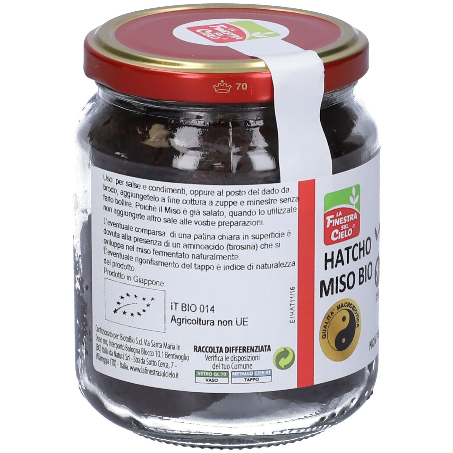 Vasetto di Hatcho Miso Bio. Coperchio rosso, etichetta bianca con nome e logo del prodotto. Sigillo vegano.