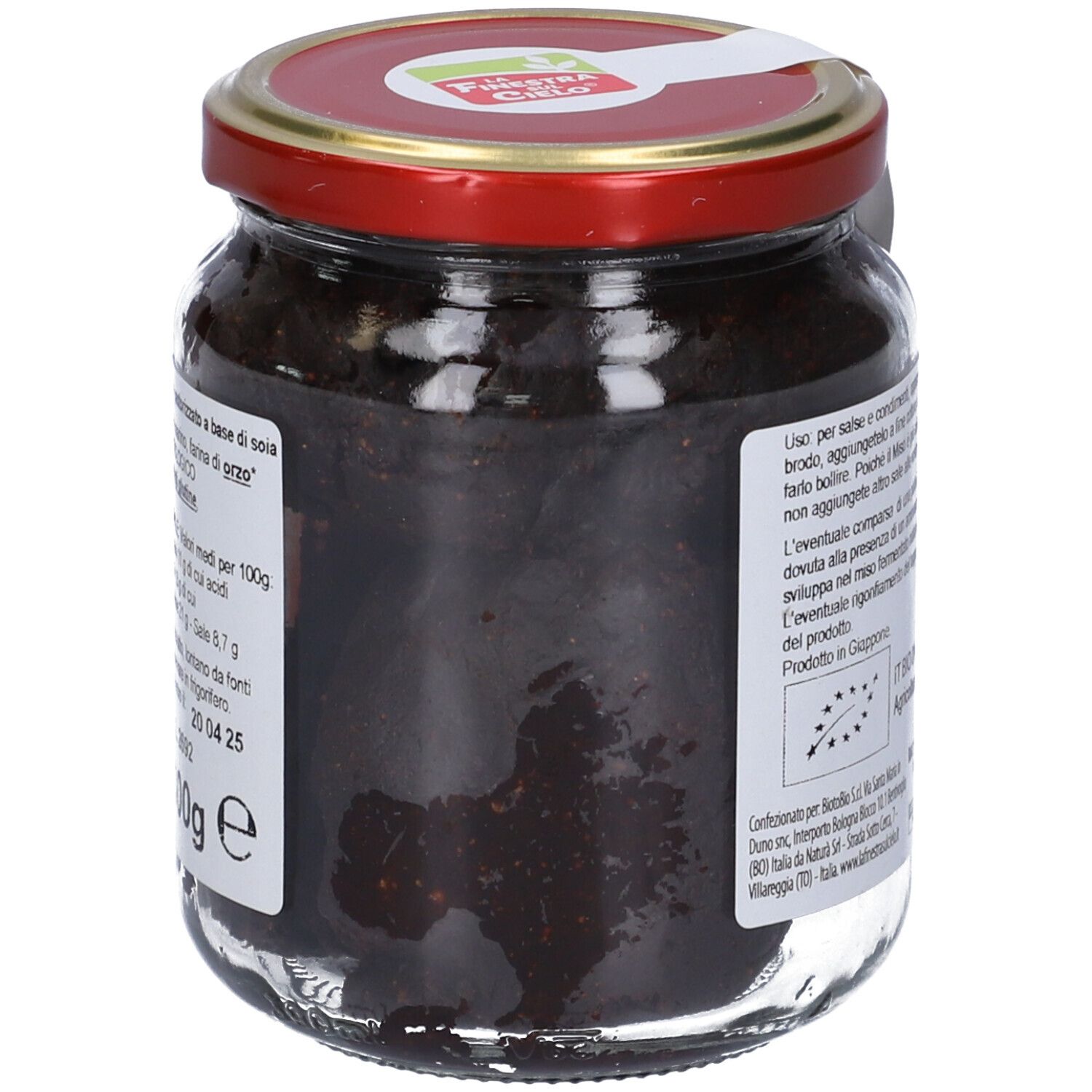 Vasetto di Hatcho Miso Bio. Coperchio rosso, etichetta bianca con nome e logo del prodotto. Sigillo vegano.