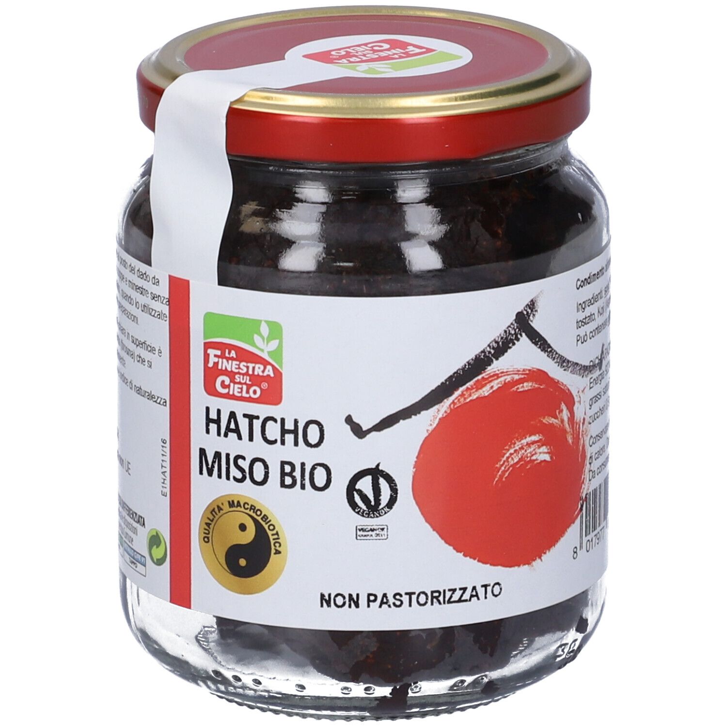 Vasetto di Hatcho Miso Bio. Coperchio rosso, etichetta bianca con nome e logo del prodotto. Sigillo vegano.