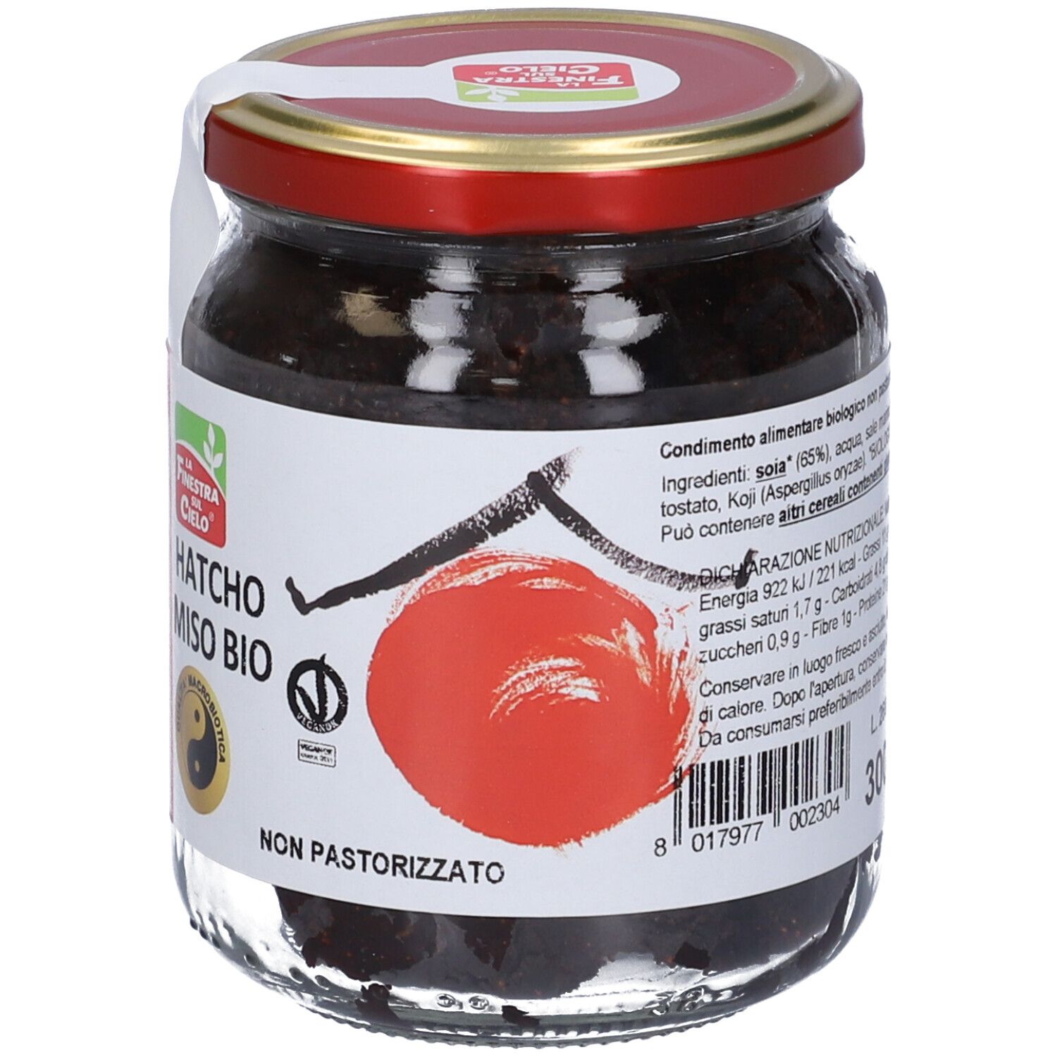 Vasetto di Hatcho Miso Bio. Coperchio rosso, etichetta bianca con nome e logo del prodotto. Sigillo vegano.