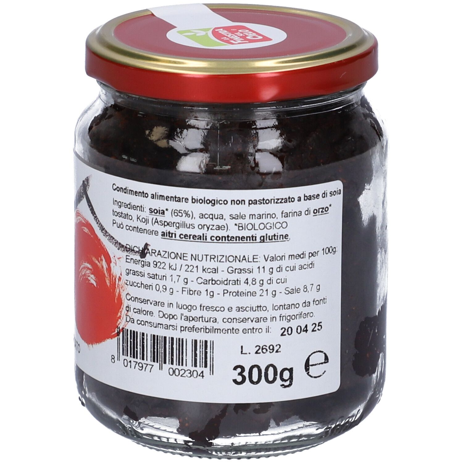 Vasetto di Hatcho Miso Bio. Coperchio rosso, etichetta bianca con nome e logo. Sigillo vegano. 300g.