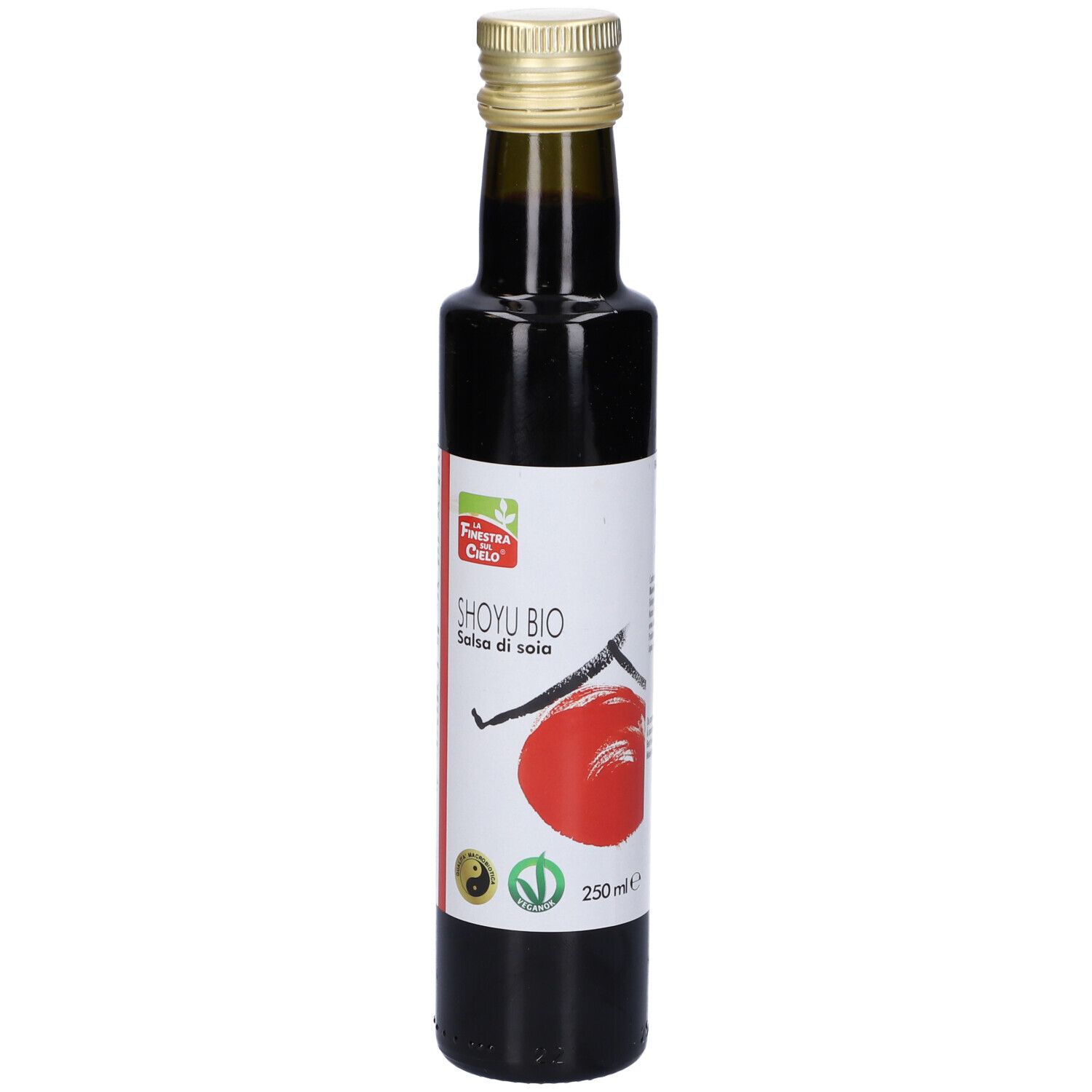 Bottiglia alta in vetro con liquido scuro. Etichetta: Shoyu Bio, Salsa di soia. Tappo dorato.