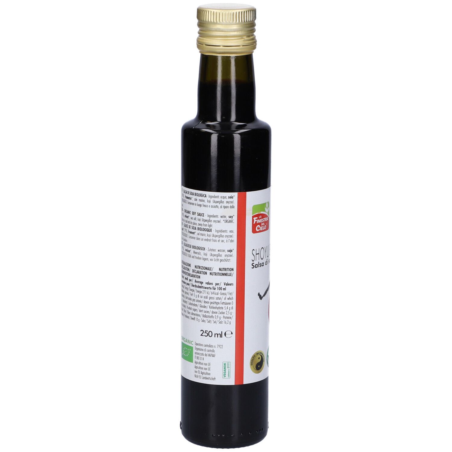 Bottiglia alta in vetro con liquido scuro. Etichetta: Shoyu Bio, Salsa di soia. Tappo dorato.