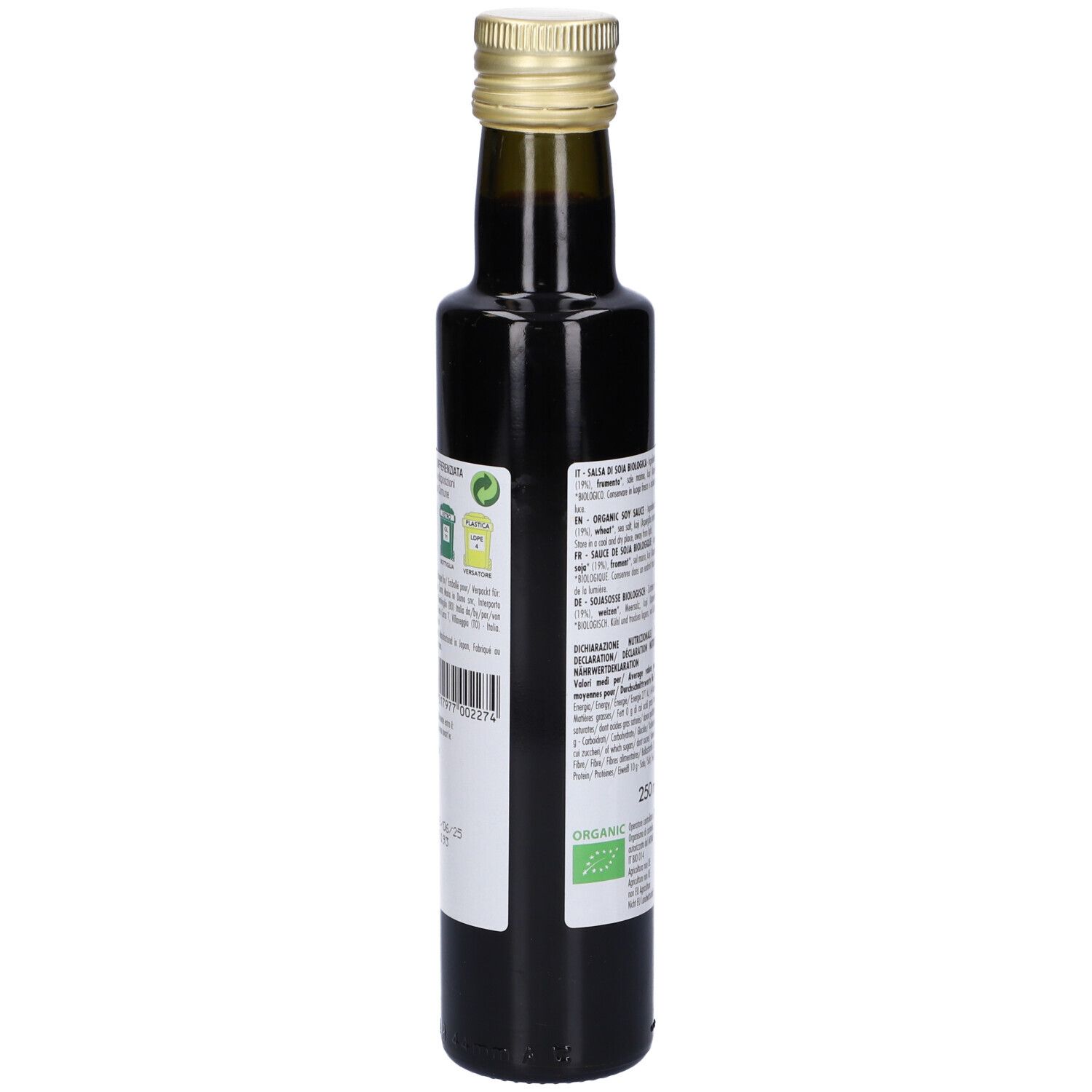 Bottiglia alta in vetro con liquido scuro. Etichetta: Shoyu Bio, Salsa di soia. Tappo dorato.