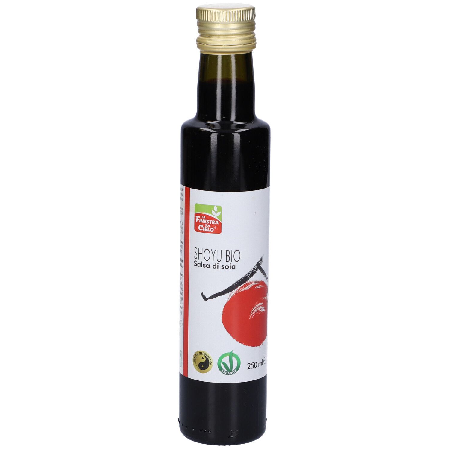 Bottiglia alta in vetro con liquido scuro. Etichetta: Shoyu Bio, Salsa di soia. Tappo dorato.