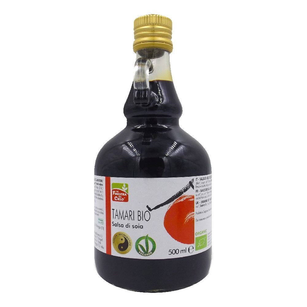 Bottiglia di vetro marrone con tappo dorato. Etichetta con testo e logo. 500 ml.