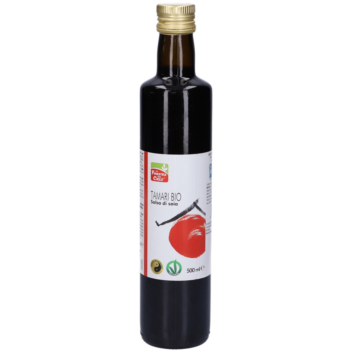 Bottiglia di vetro marrone con tappo dorato. Etichetta con testo e logo. 500 ml.