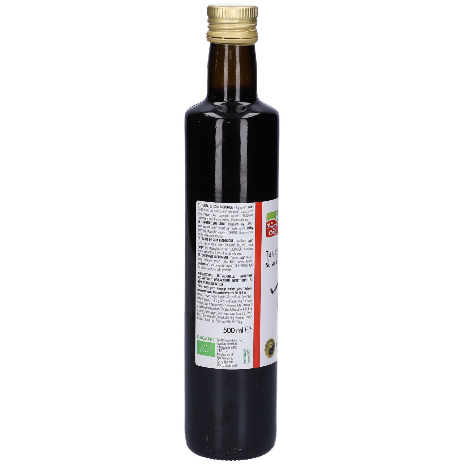 Bottiglia di vetro marrone con tappo dorato. Etichetta con testo e logo. 500 ml.