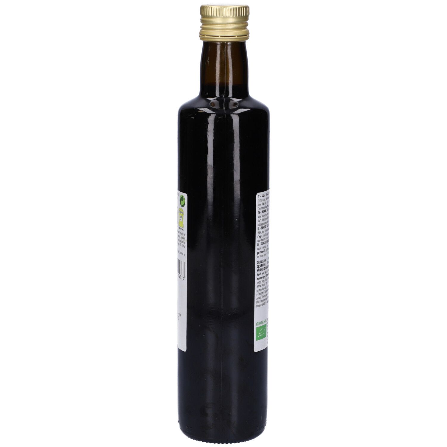 Bottiglia di vetro marrone con tappo dorato. Etichetta con testo e logo. 500 ml.