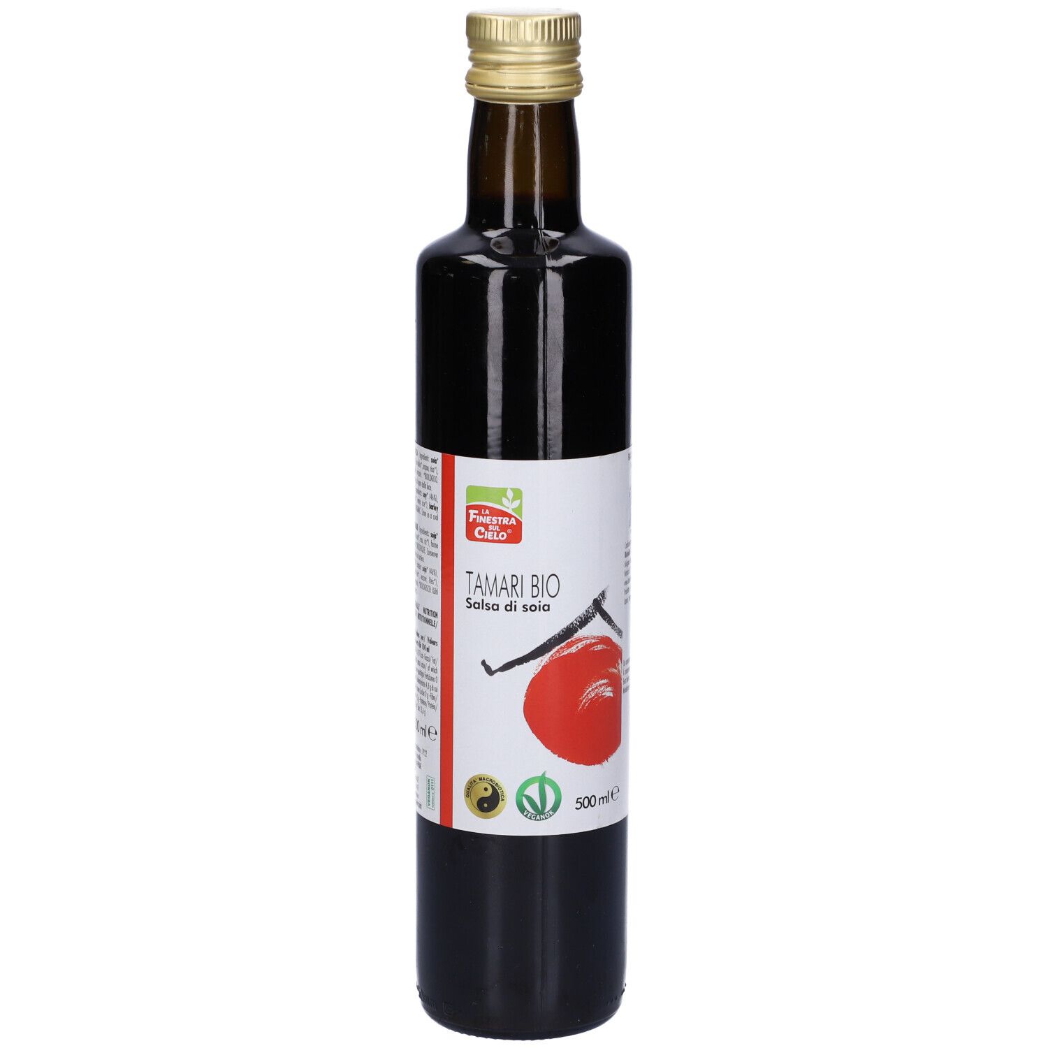 Bottiglia di vetro marrone con tappo dorato. Etichetta con testo e logo. 500 ml.