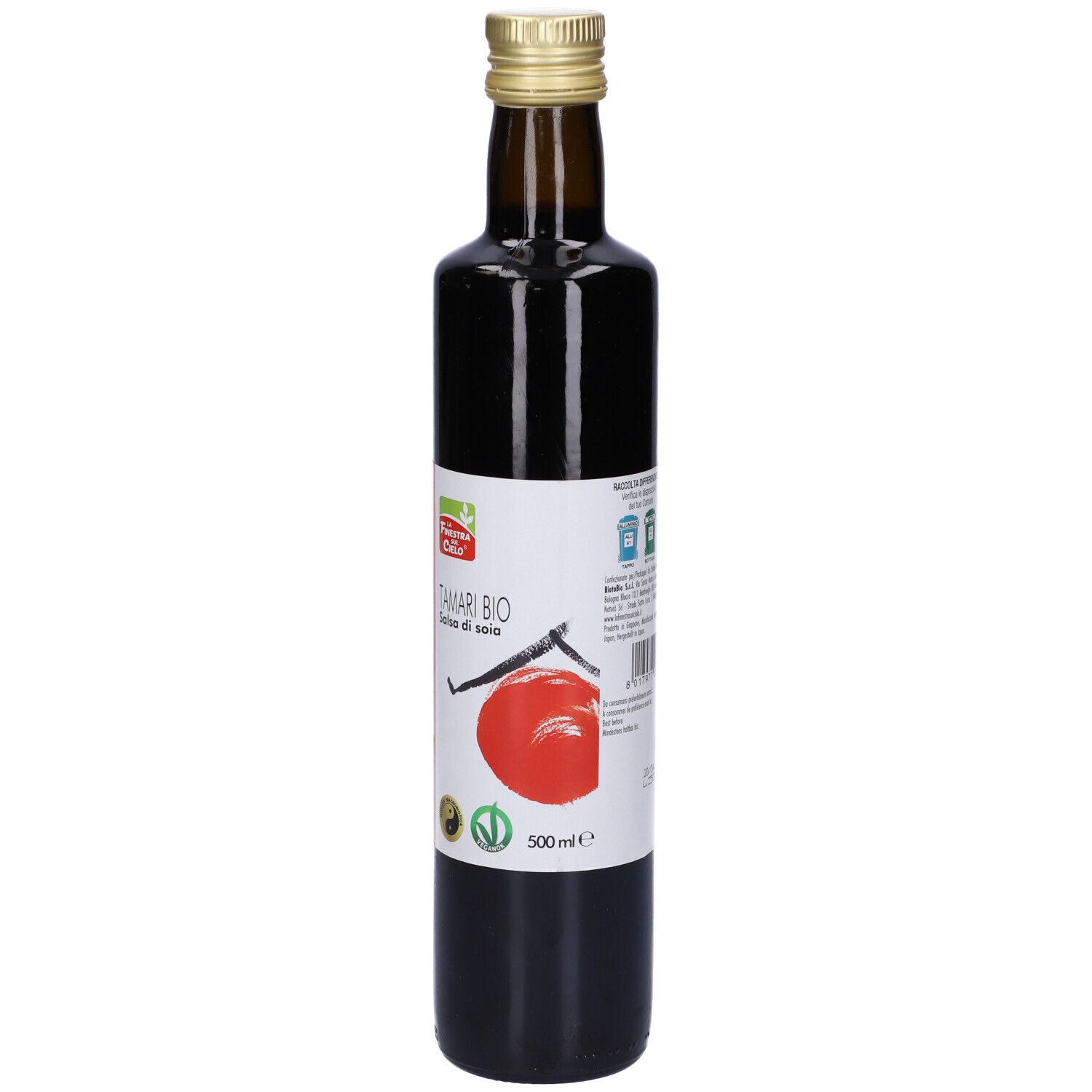 Bottiglia di vetro marrone con tappo dorato. Etichetta con testo e logo. 500 ml.