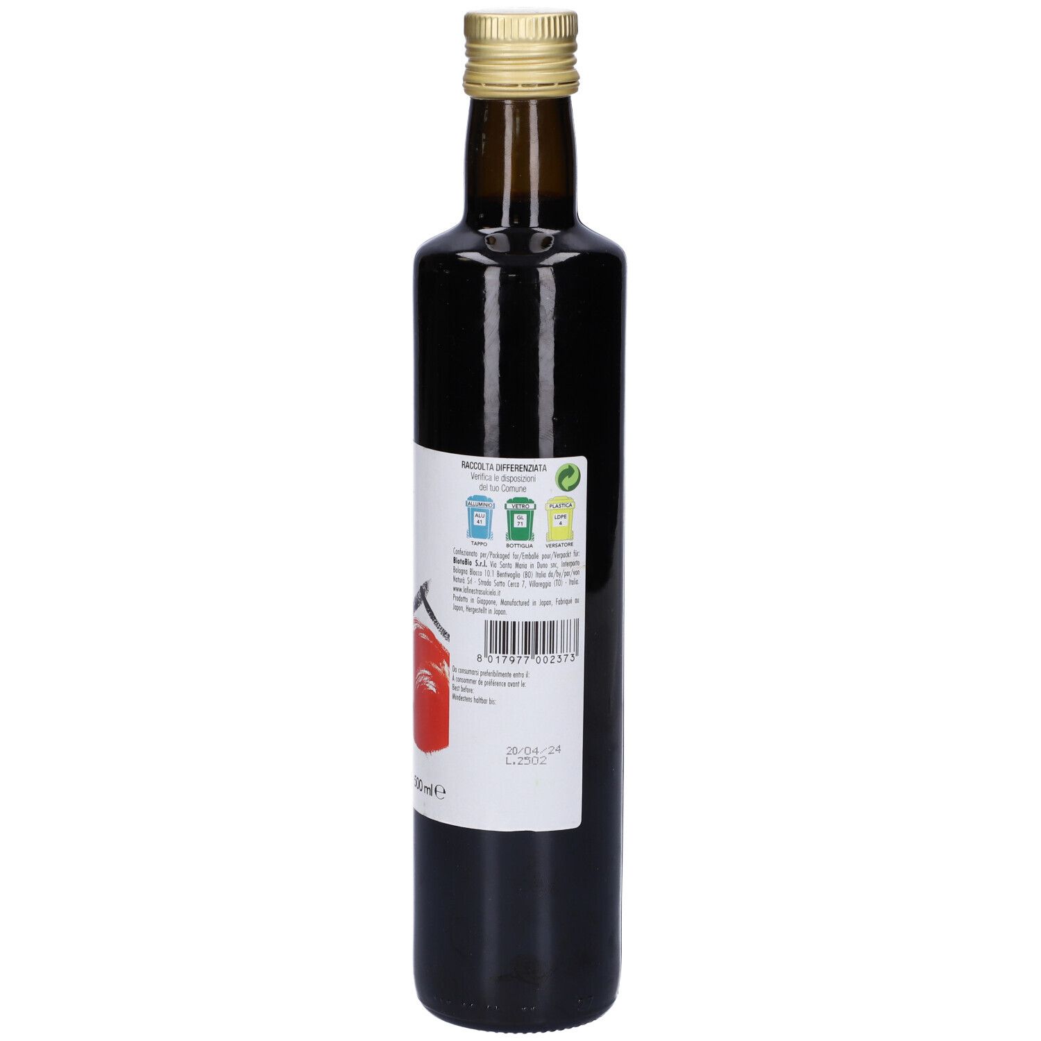 Bottiglia di vetro marrone con tappo dorato. Etichetta con testo e logo. 500 ml.