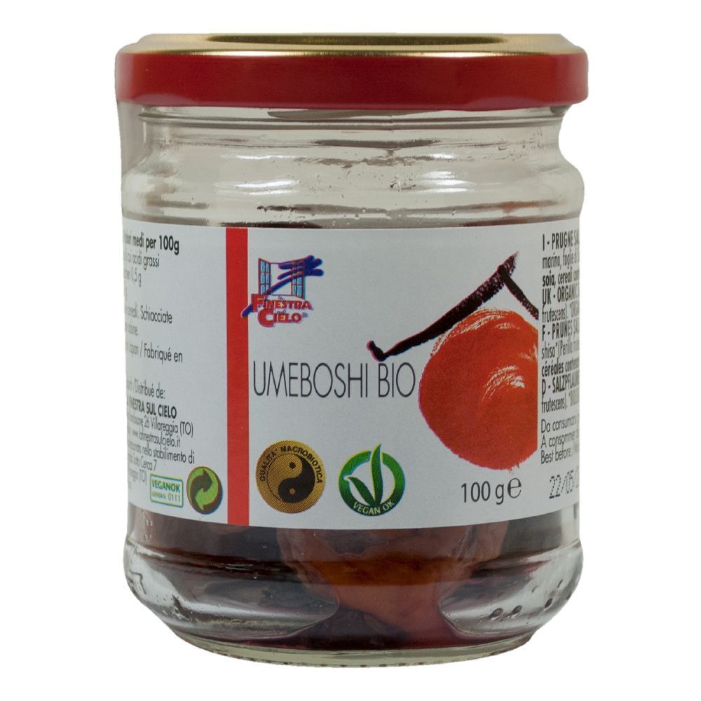 Vasetto di Umeboshi Bio, coperchio rosso. Etichetta con logo, testo e 100 g. Contenuto visibile.