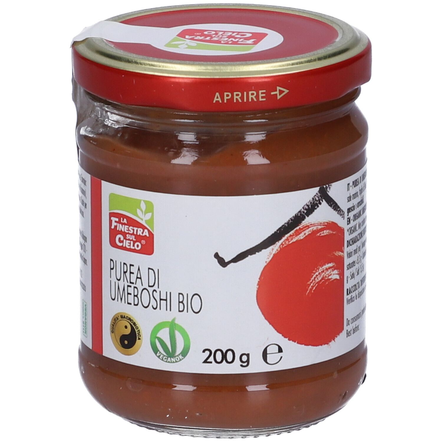 Vasetto con tappo rosso. Etichetta con logo, testo: Purea di Umeboshi Bio, 200 g. Sigillo vegano. Scritta: Aprire.