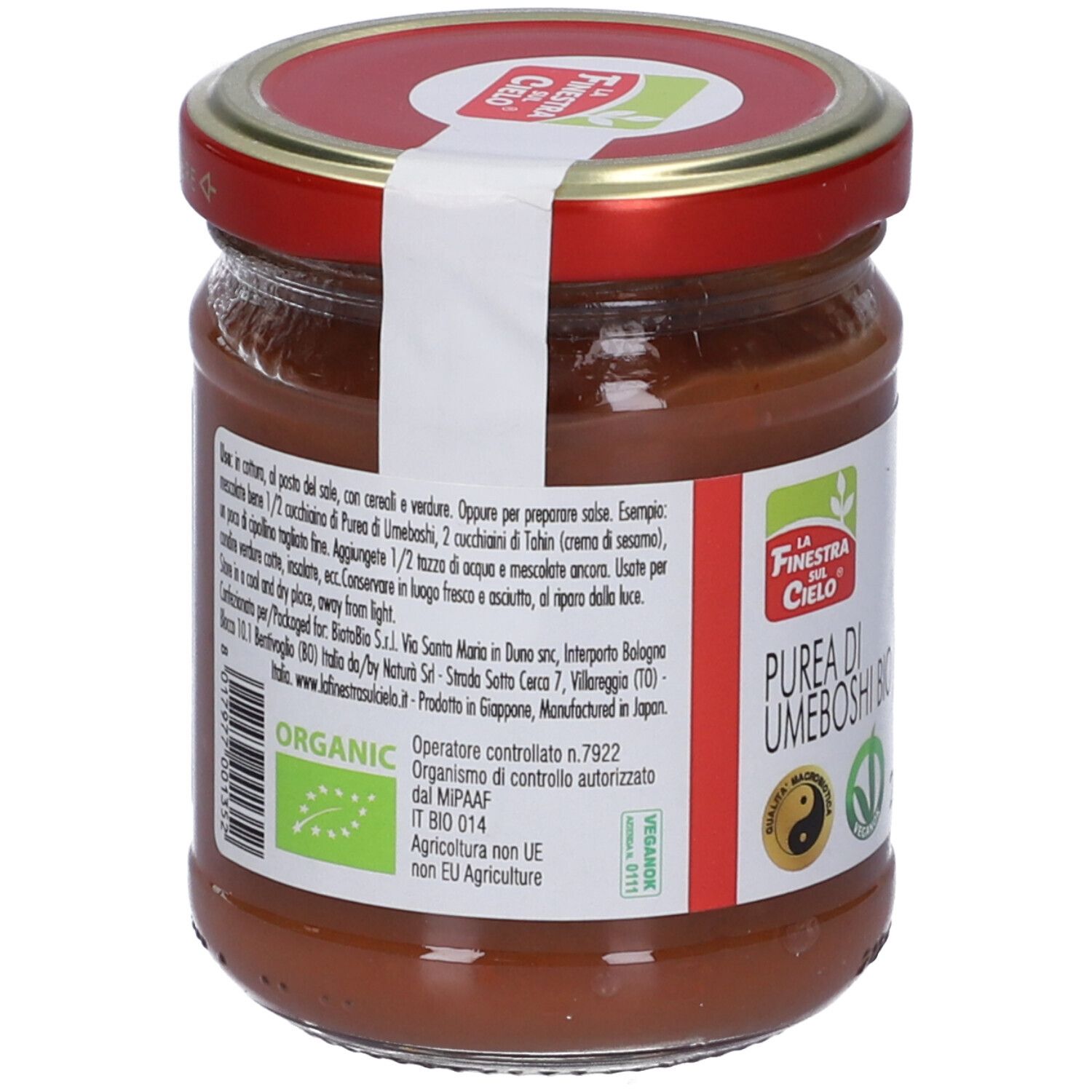 Vasetto con tappo rosso. Retro con testo e logo. Scritta: Organic. Sigillo vegano. Testo: Purea di Umeboshi Bio.