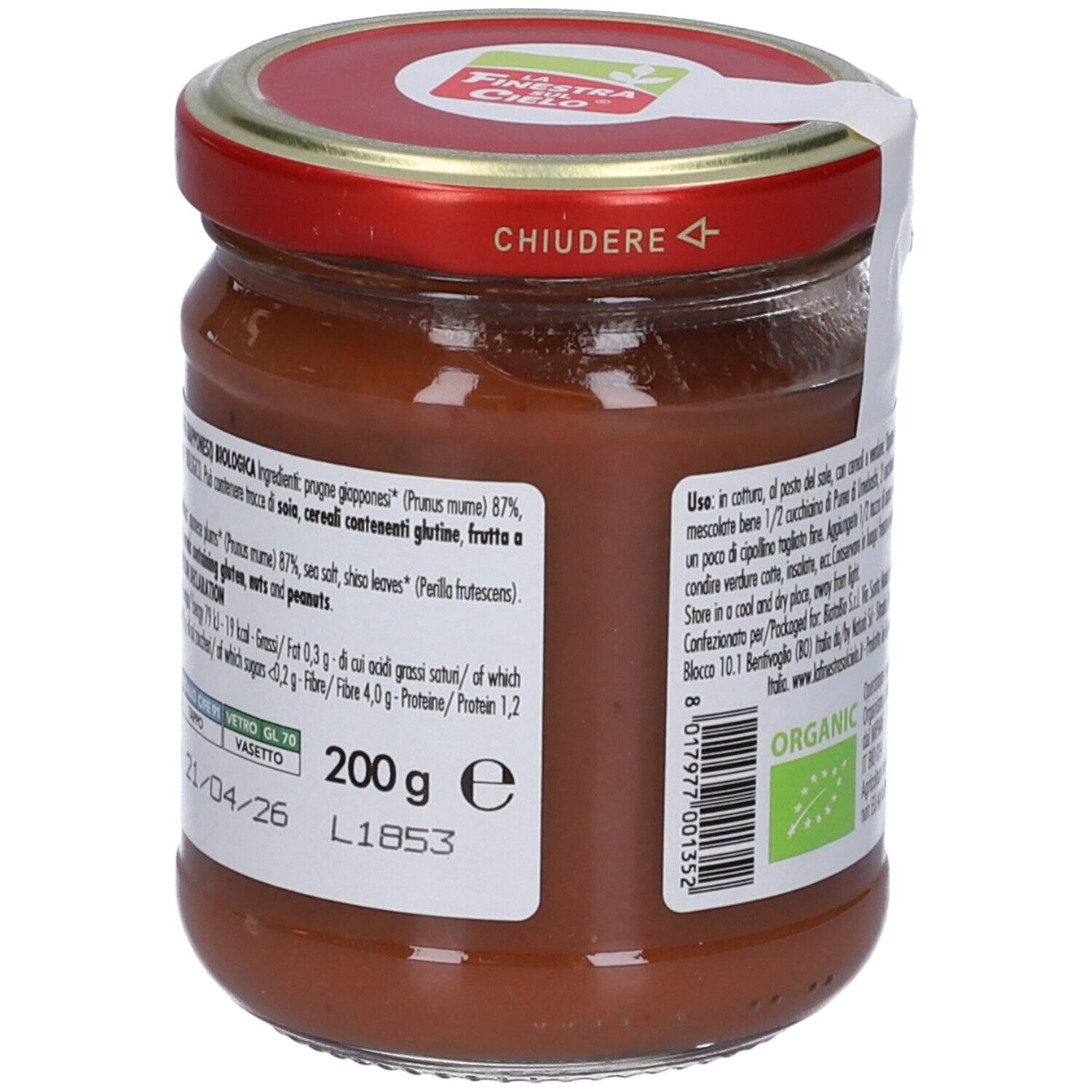 Vasetto con tappo rosso. Etichetta con testo: 200 g, data di scadenza. Scritta: Chiudere. Testo: Purea di Umeboshi Bio.