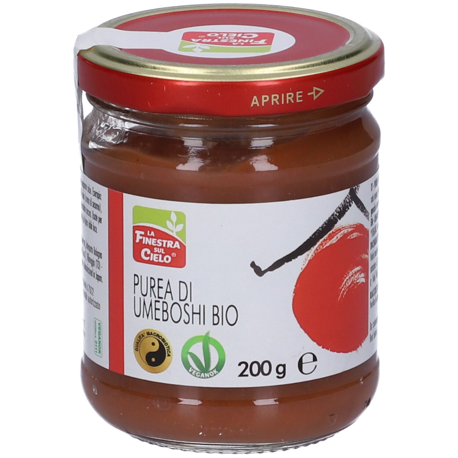 Vasetto con tappo rosso. Etichetta con logo, testo: Purea di Umeboshi Bio, 200 g. Sigillo vegano. Scritta: Aprire.