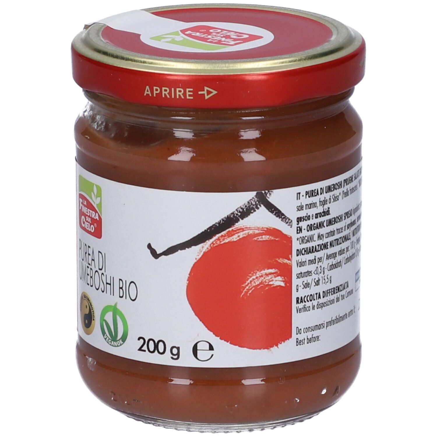 Vasetto con tappo rosso. Etichetta con logo, testo: Purea di Umeboshi Bio, 200 g. Sigillo vegano. Scritta: Aprire.