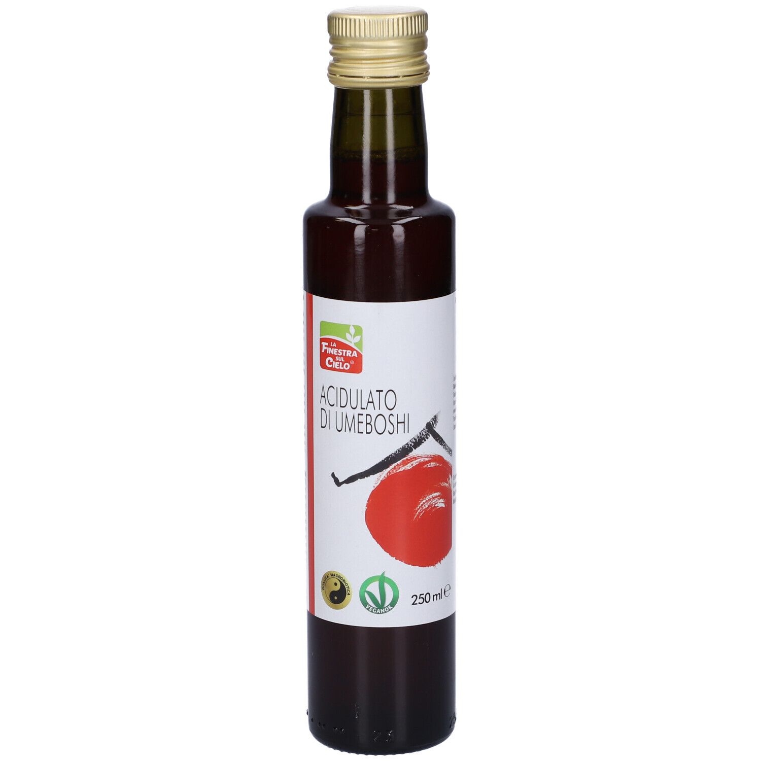 Bottiglia di vetro con liquido rosso. Tappo dorato. Scritta: Acidulato di Umeboshi, 250ml.