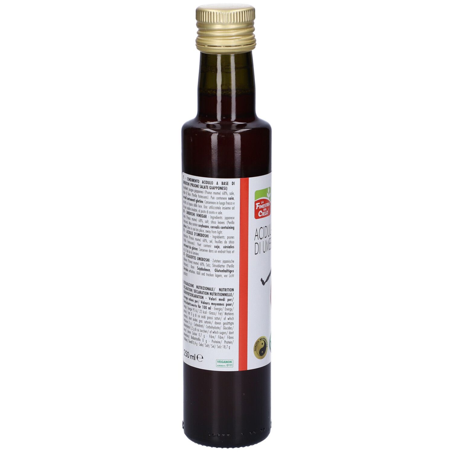 Bottiglia di vetro con liquido rosso. Tappo dorato. Etichetta con testo. Scritta: 250ml.