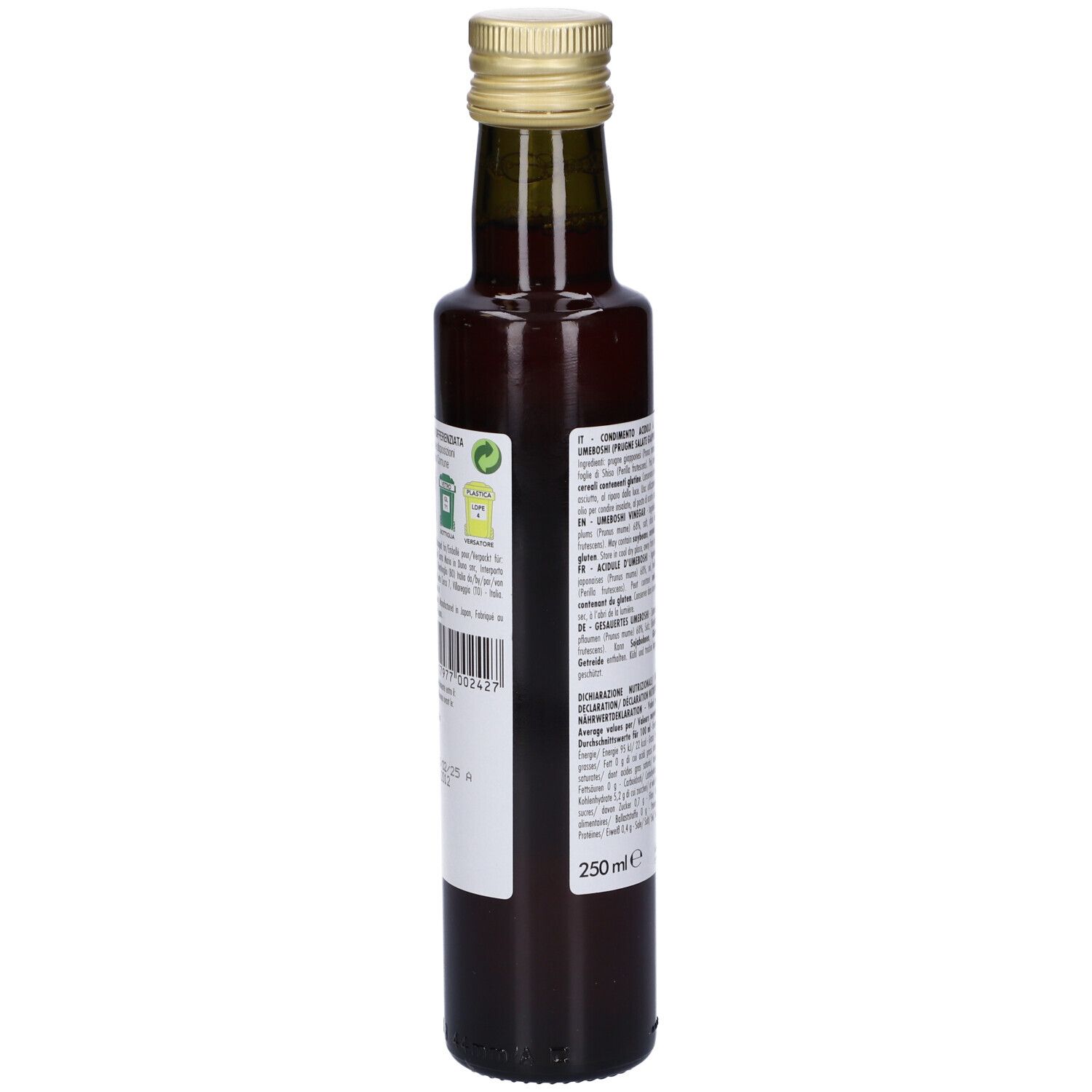 Bottiglia di vetro con liquido rosso. Tappo dorato. Etichetta con testo. Scritta: 250ml.