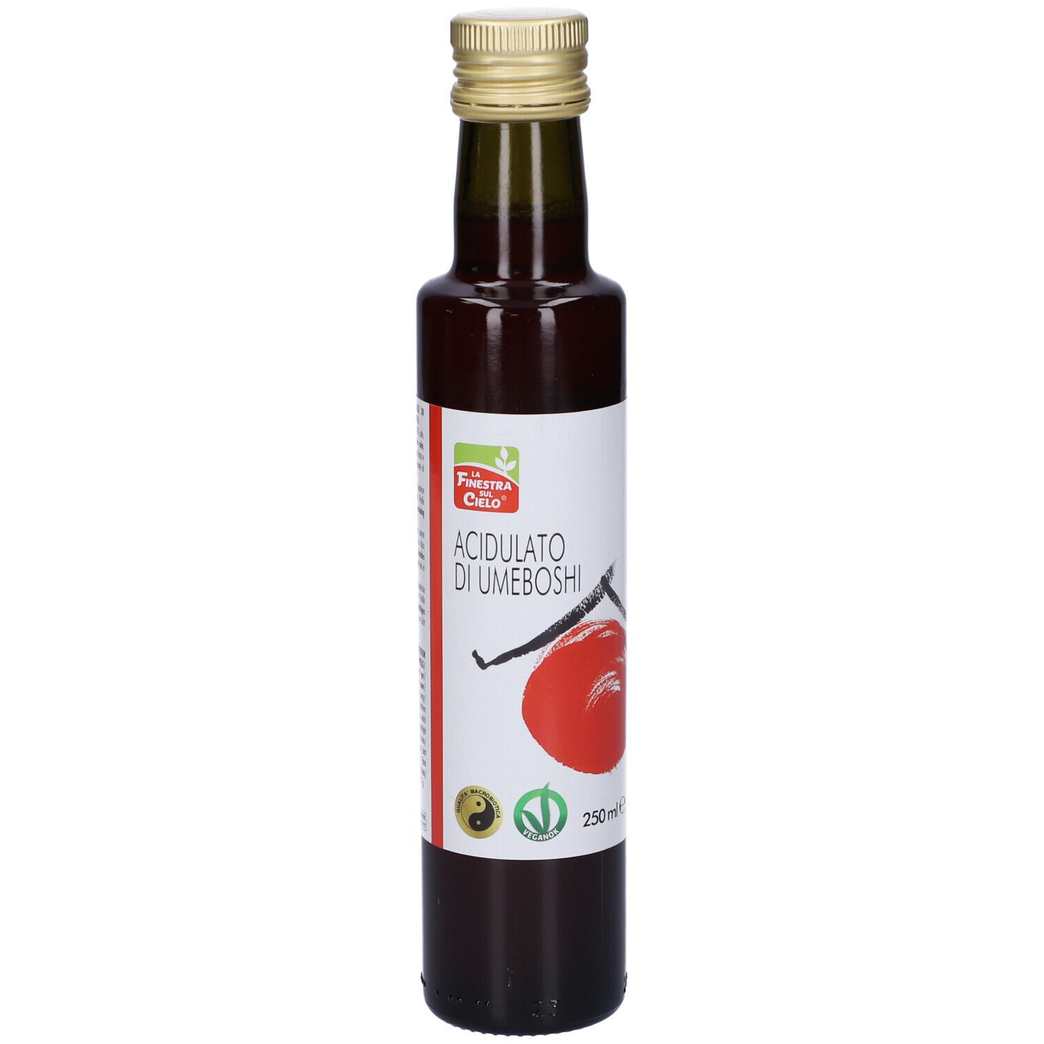 Bottiglia di vetro con liquido rosso. Tappo dorato. Scritta: Acidulato di Umeboshi, 250ml.