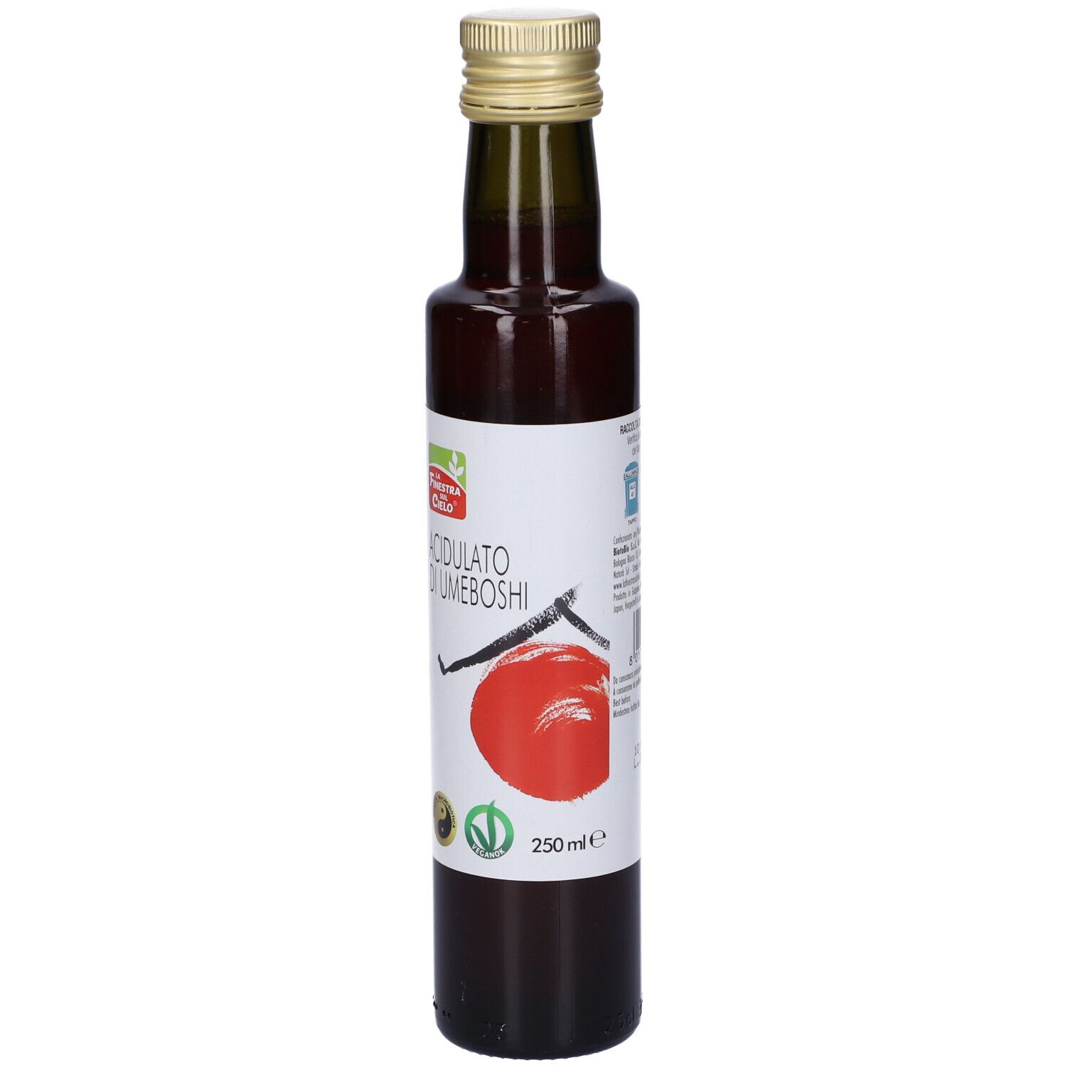 Bottiglia di vetro con liquido rosso. Tappo dorato. Scritta: Acidulato di Umeboshi, 250ml.