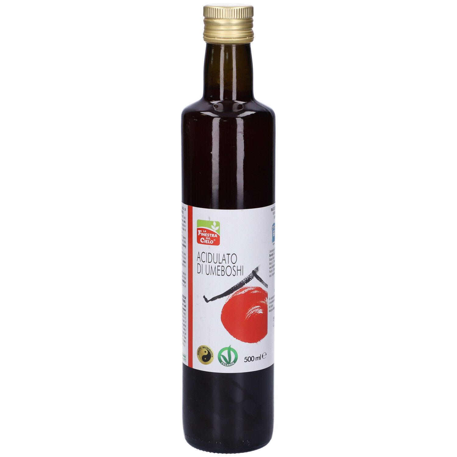 Bottiglia di vetro marrone con liquido rosso. Scritta: Acidulato di Umeboshi. 500ml.