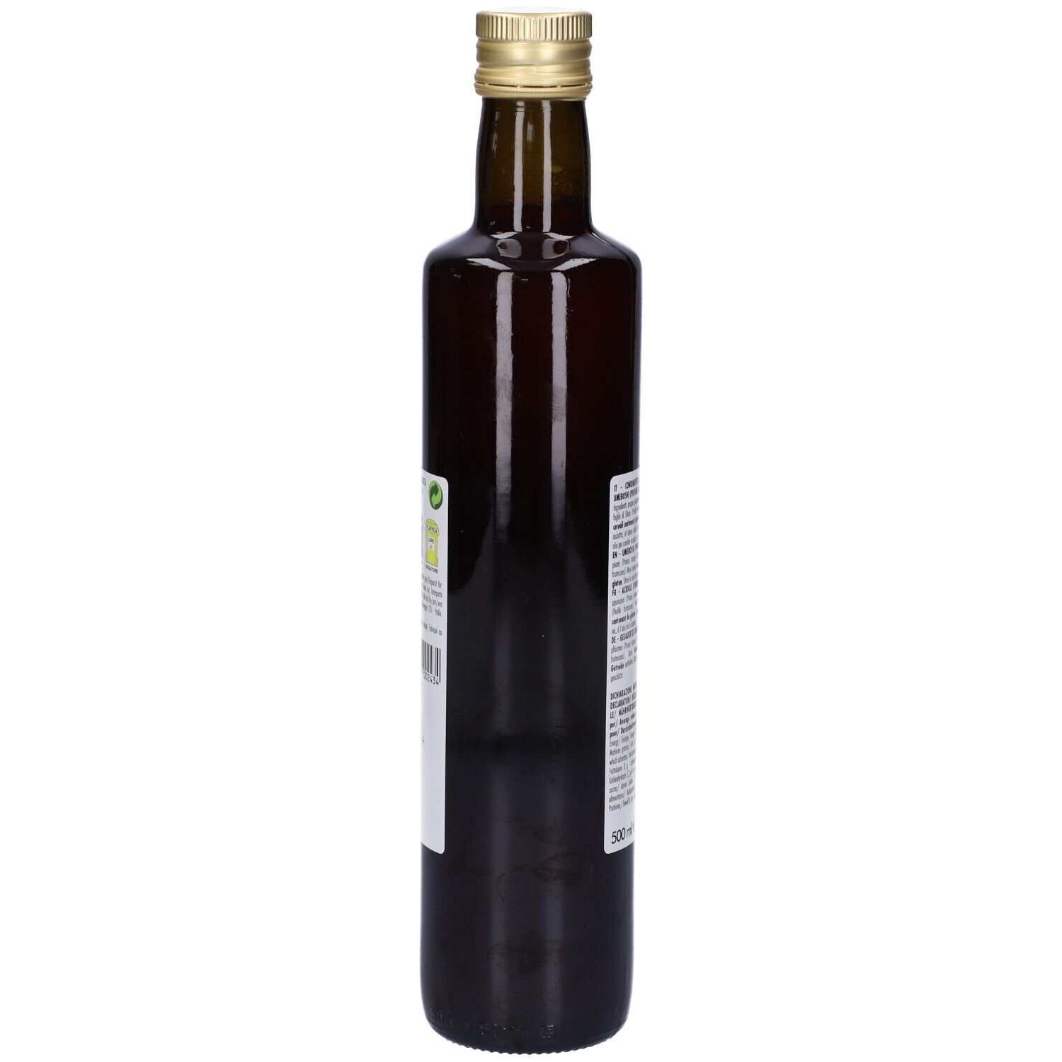 Bottiglia di vetro marrone con liquido rosso. Retro con testo e indicazione 500ml.