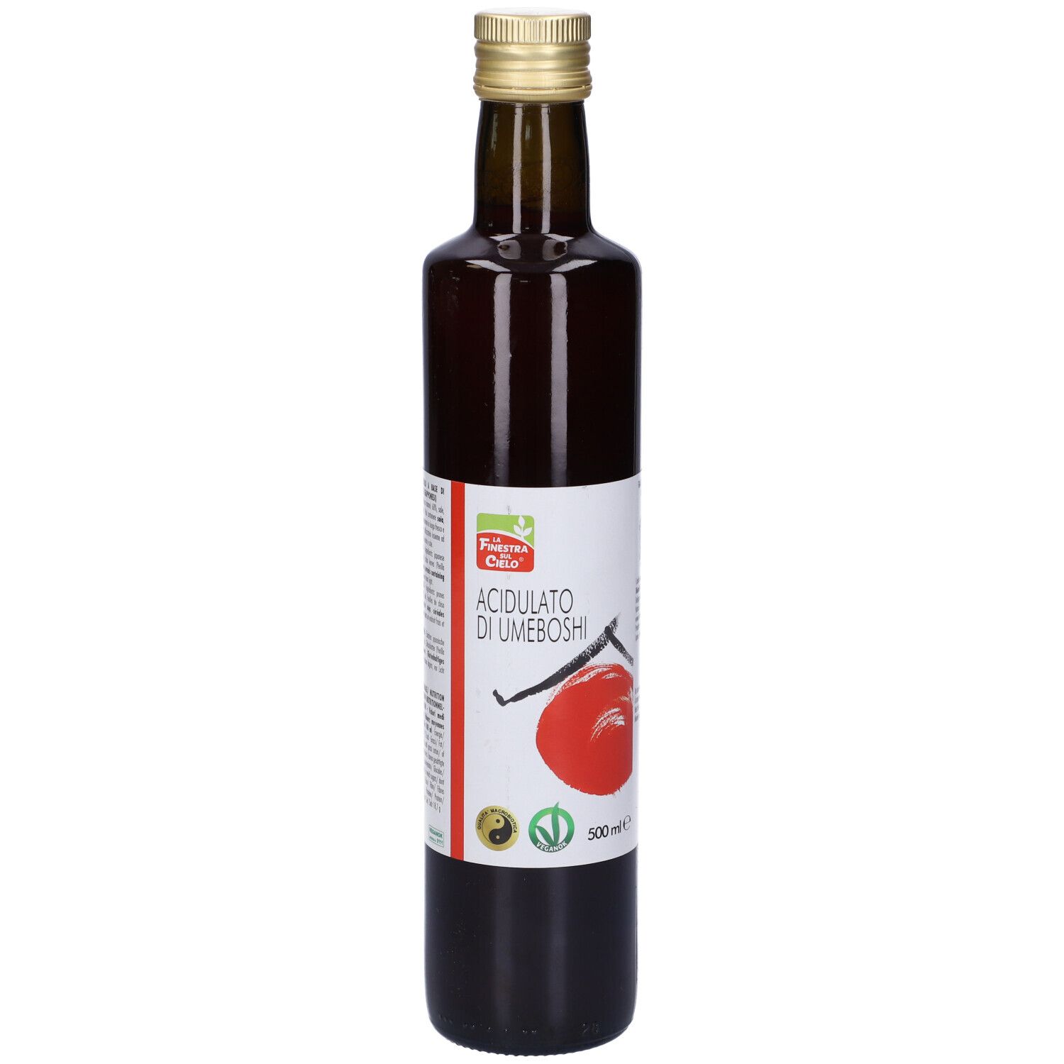 Bottiglia di vetro marrone con liquido rosso. Scritta: Acidulato di Umeboshi. 500ml.