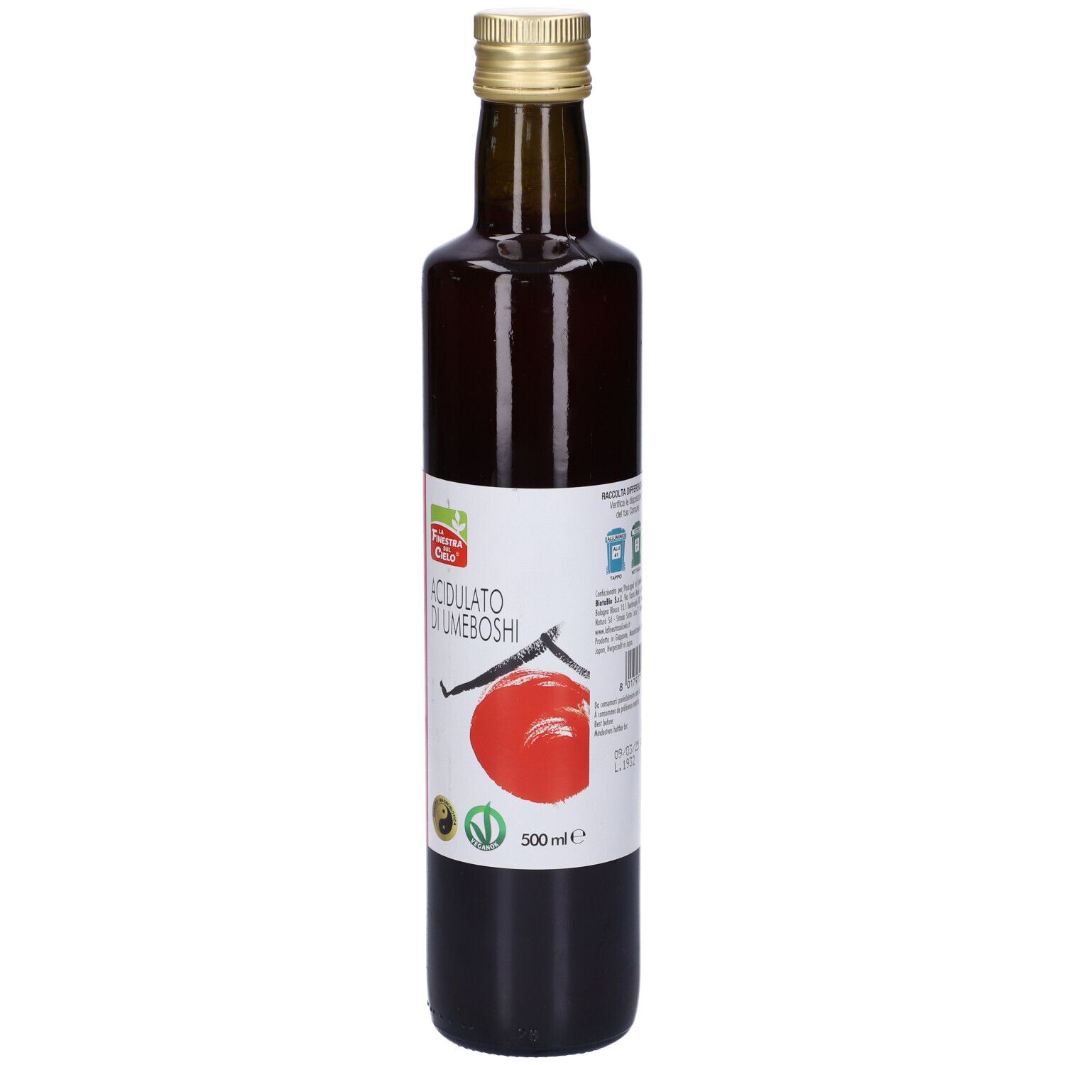 Bottiglia di vetro marrone con liquido rosso. Scritta: Acidulato di Umeboshi. 500ml.